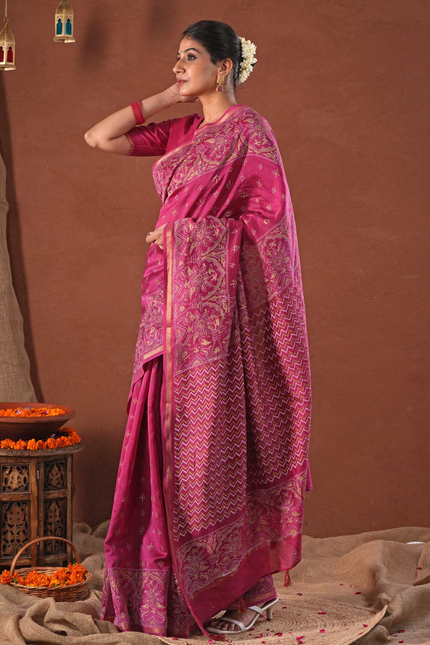 Majestic Golden - Hand Block Printed Chanderi Silk Saree - SootiSyahi