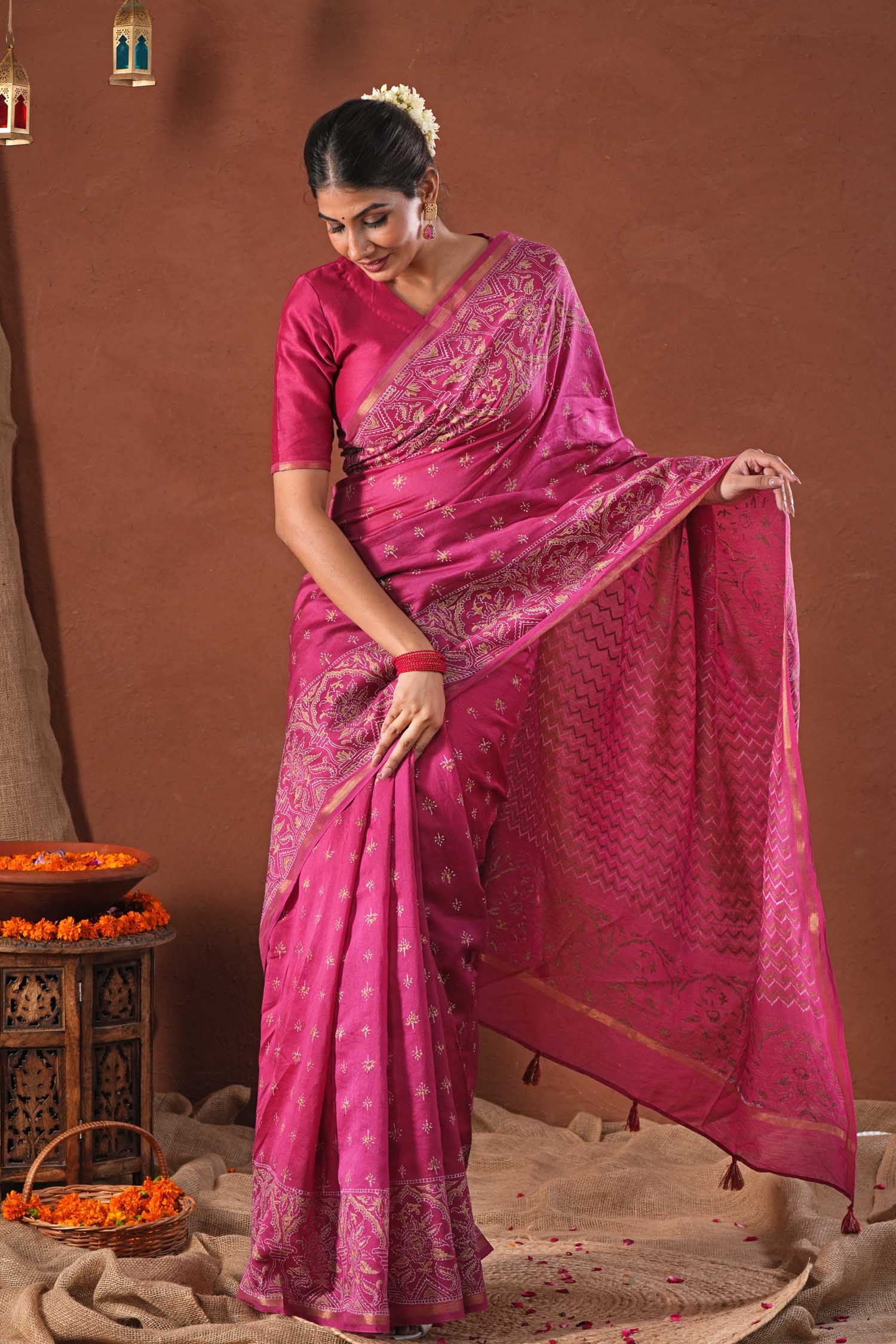 Majestic Golden - Hand Block Printed Chanderi Silk Saree - SootiSyahi