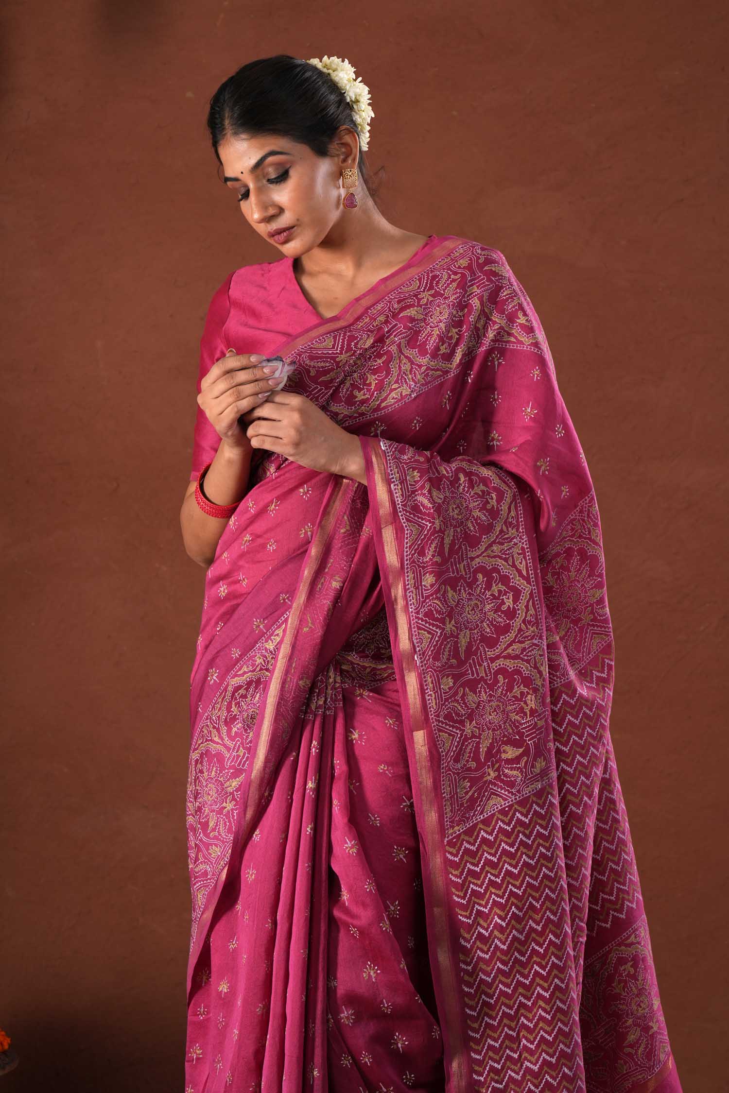 Majestic Golden - Hand Block Printed Chanderi Silk Saree - SootiSyahi