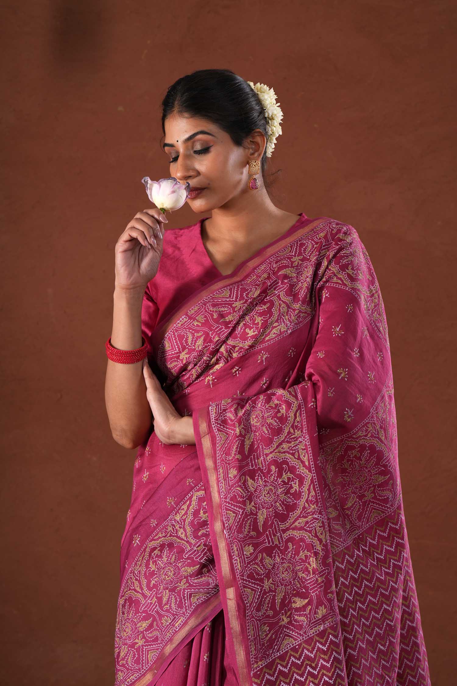 Majestic Golden - Hand Block Printed Chanderi Silk Saree - SootiSyahi