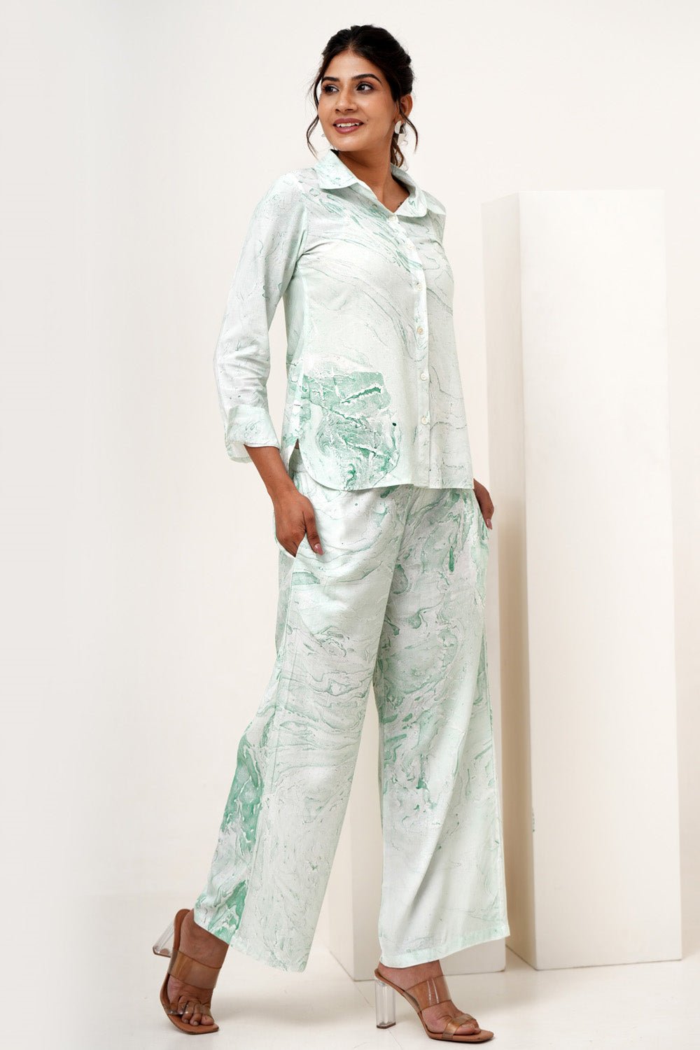 Marble Mist Hand Marble Printed Modal Silk Co - Ord Set - SootiSyahi