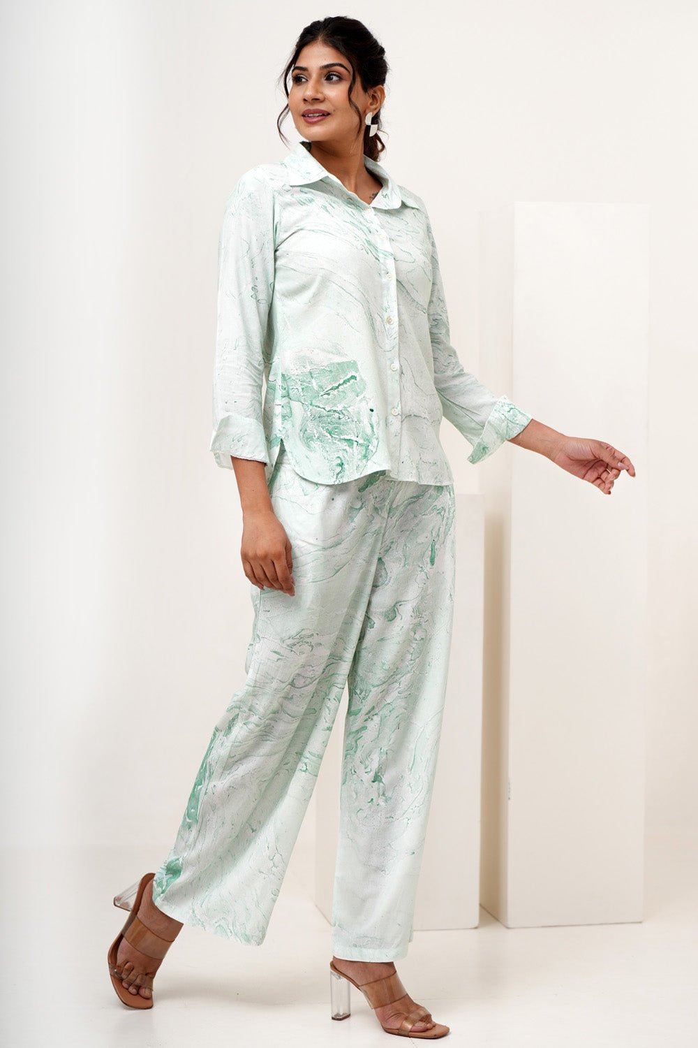 Marble Mist Hand Marble Printed Modal Silk Co - Ord Set - SootiSyahi