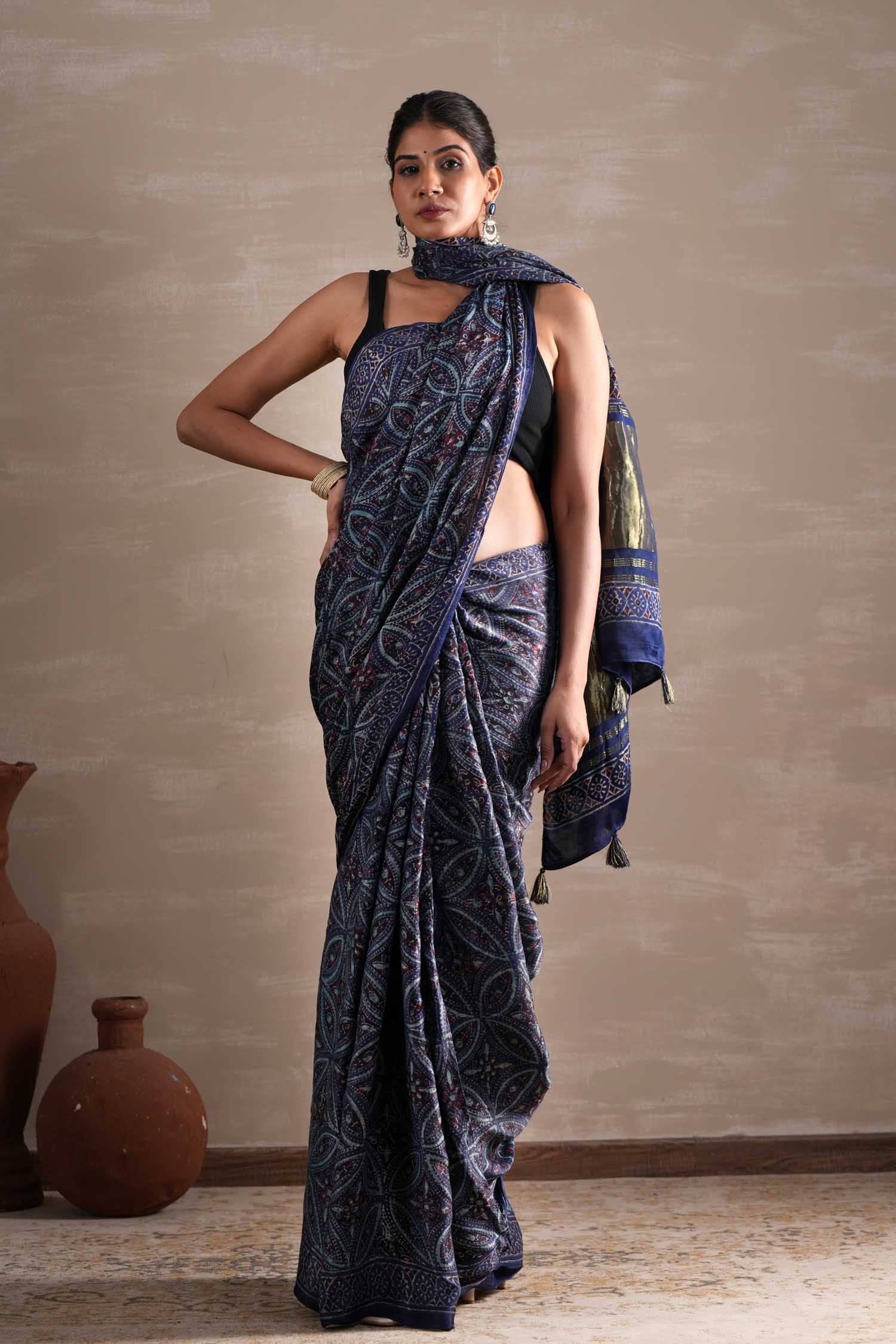 Marine Mirage Hand Block Printed Modal Tissue Saree - SootiSyahi