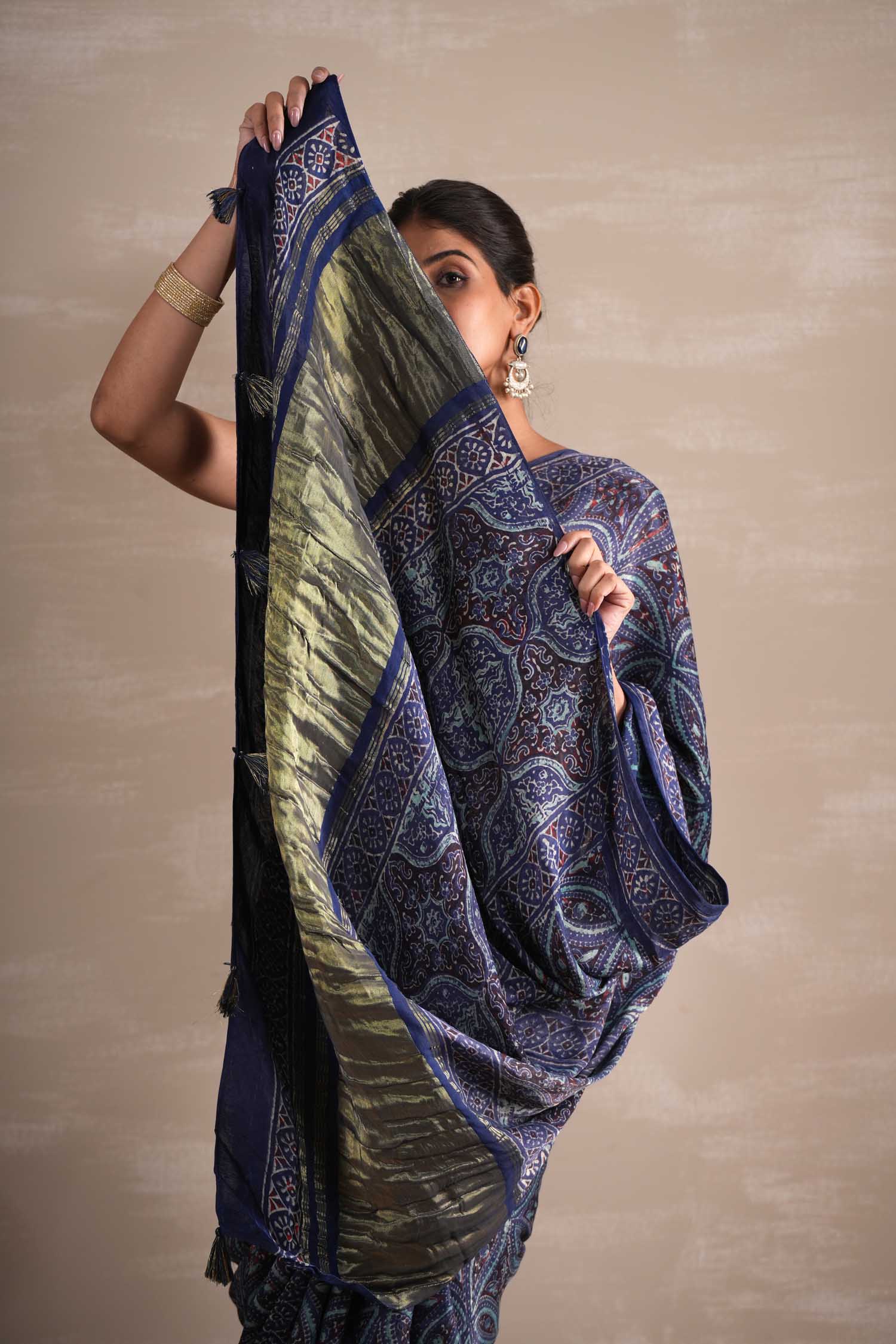 Marine Mirage Hand Block Printed Modal Tissue Saree - SootiSyahi