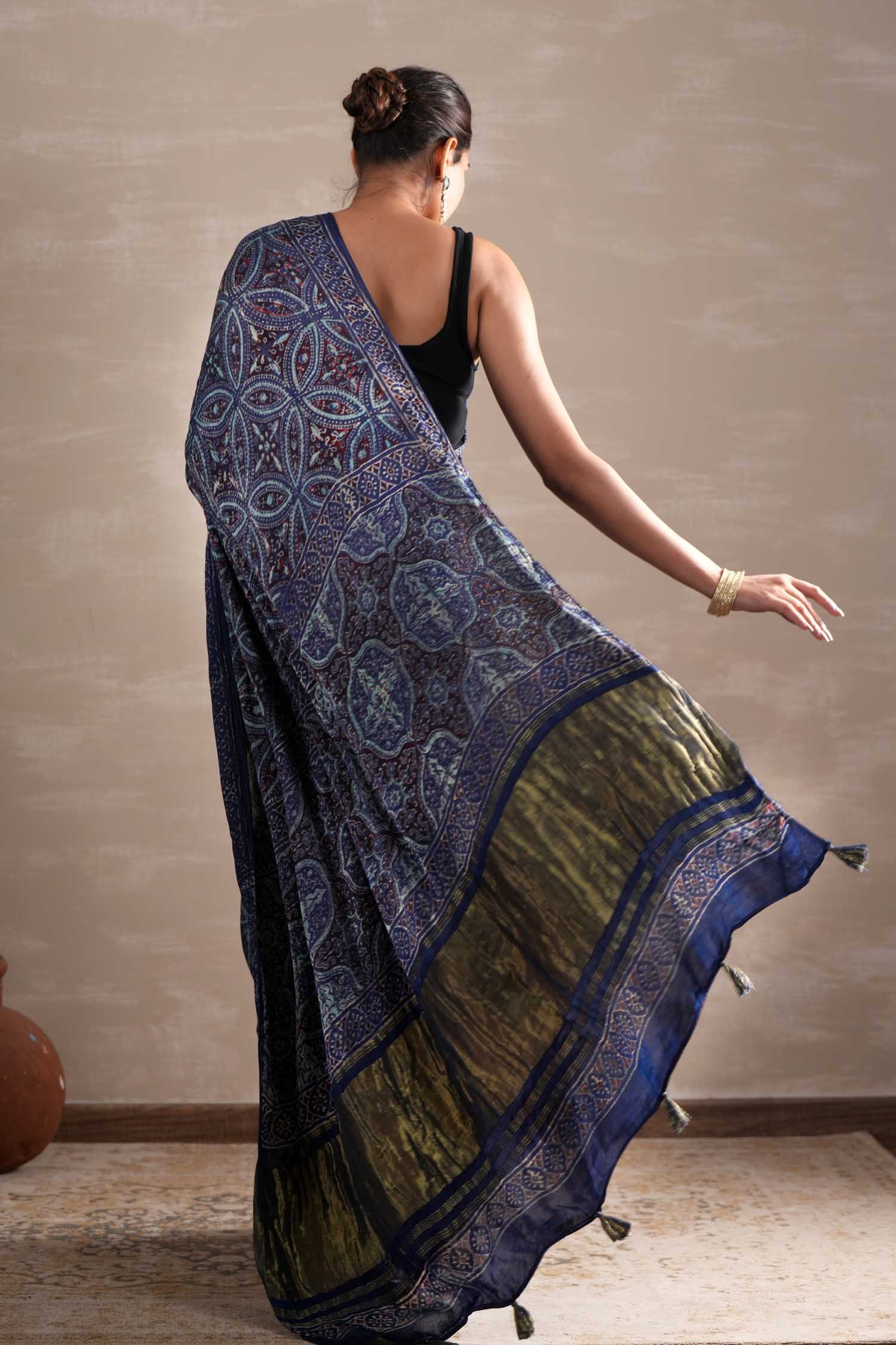 Marine Mirage Hand Block Printed Modal Tissue Saree - SootiSyahi