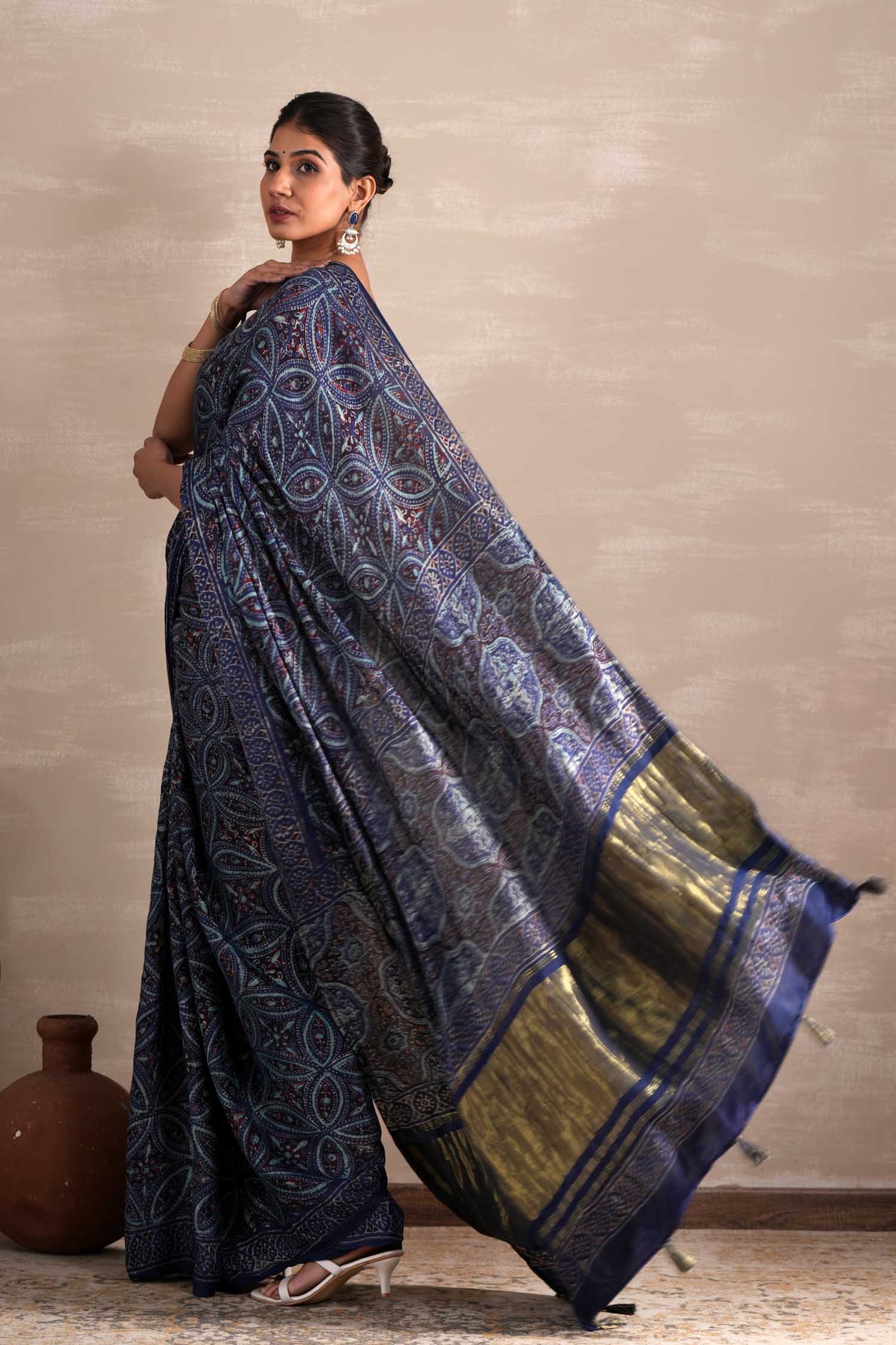 Marine Mirage Hand Block Printed Modal Tissue Saree - SootiSyahi