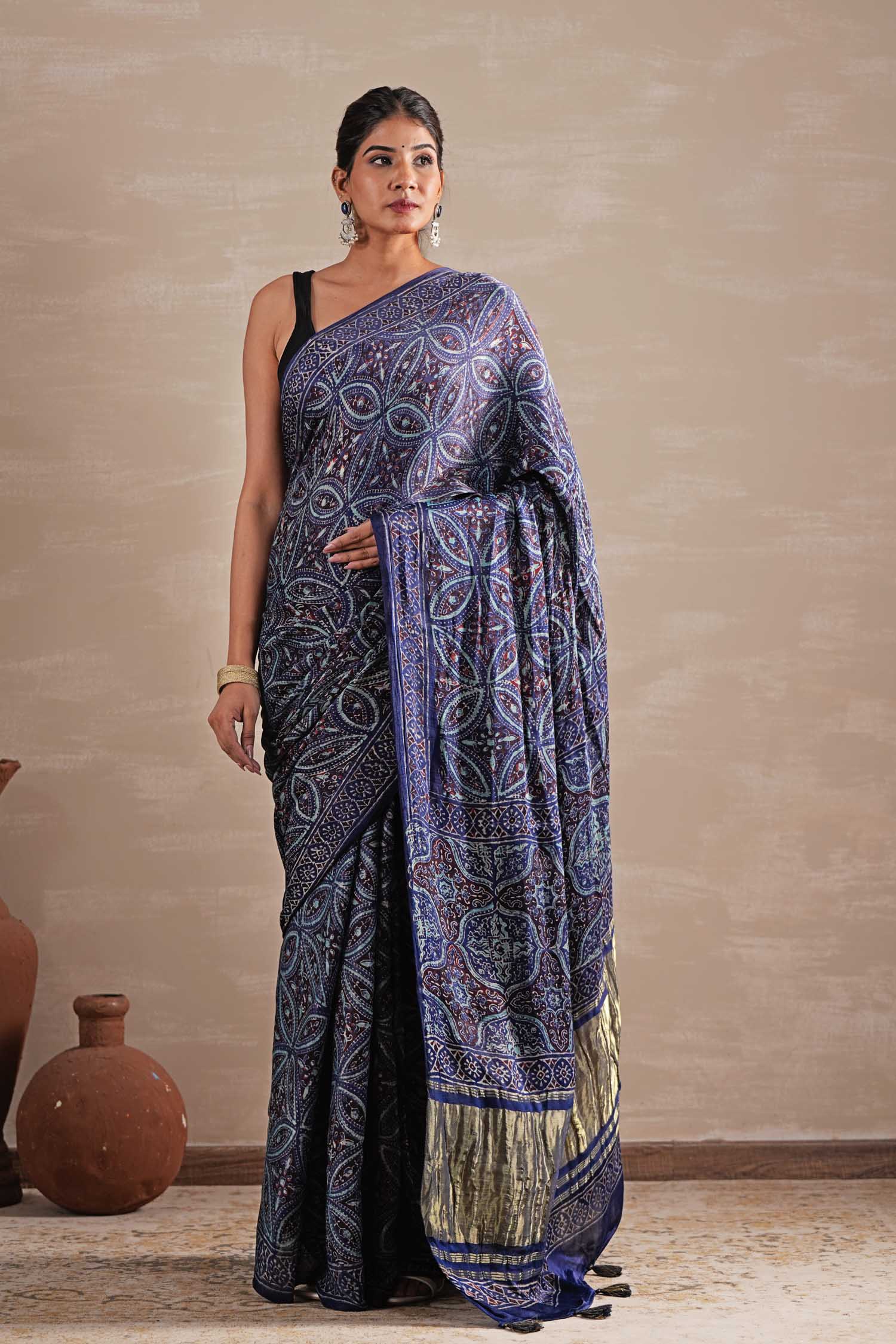 Marine Mirage Hand Block Printed Modal Tissue Saree - SootiSyahi