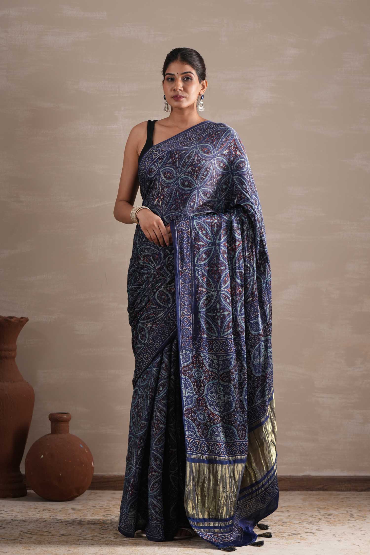 Marine Mirage Hand Block Printed Modal Tissue Saree - SootiSyahi