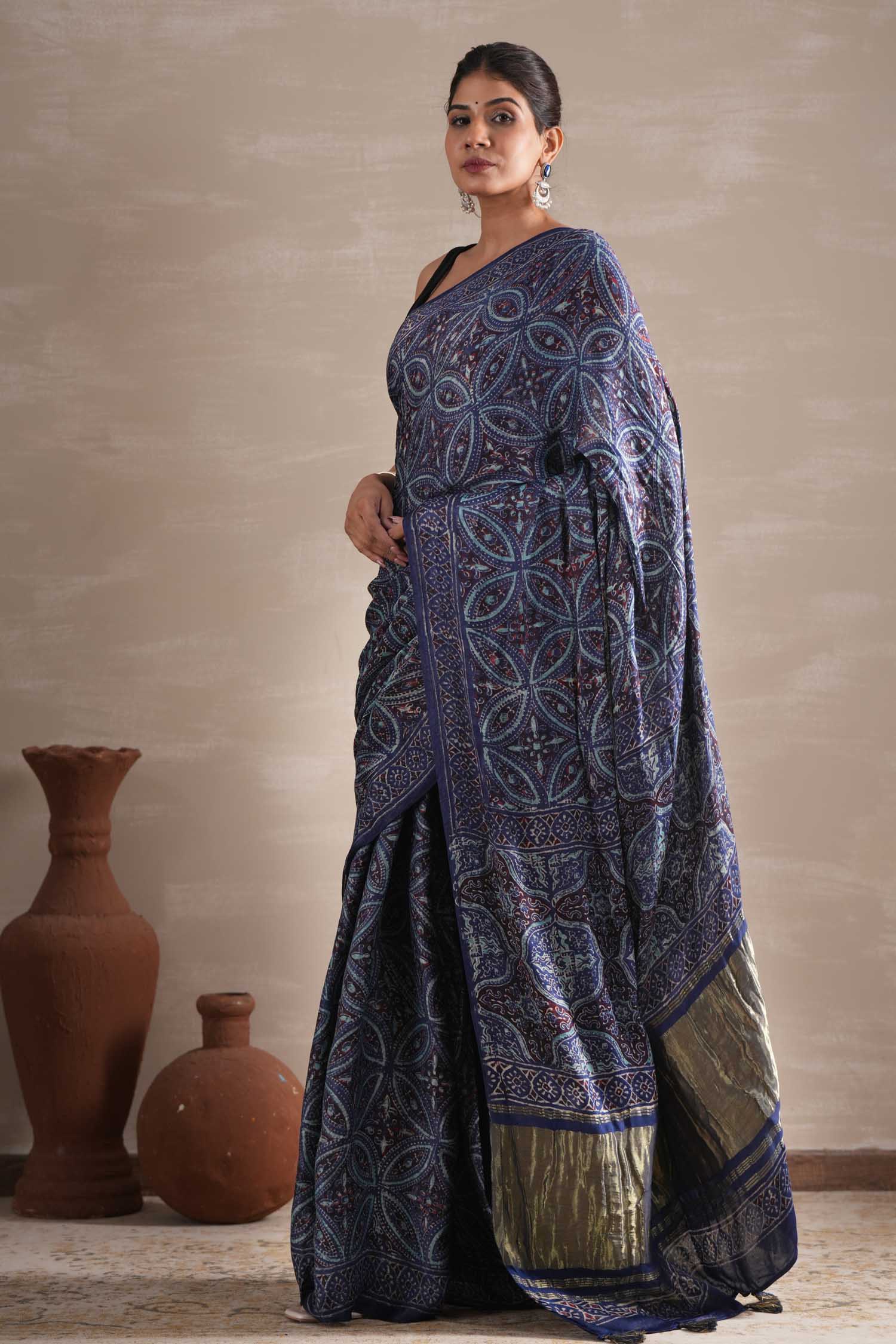 Marine Mirage Hand Block Printed Modal Tissue Saree - SootiSyahi