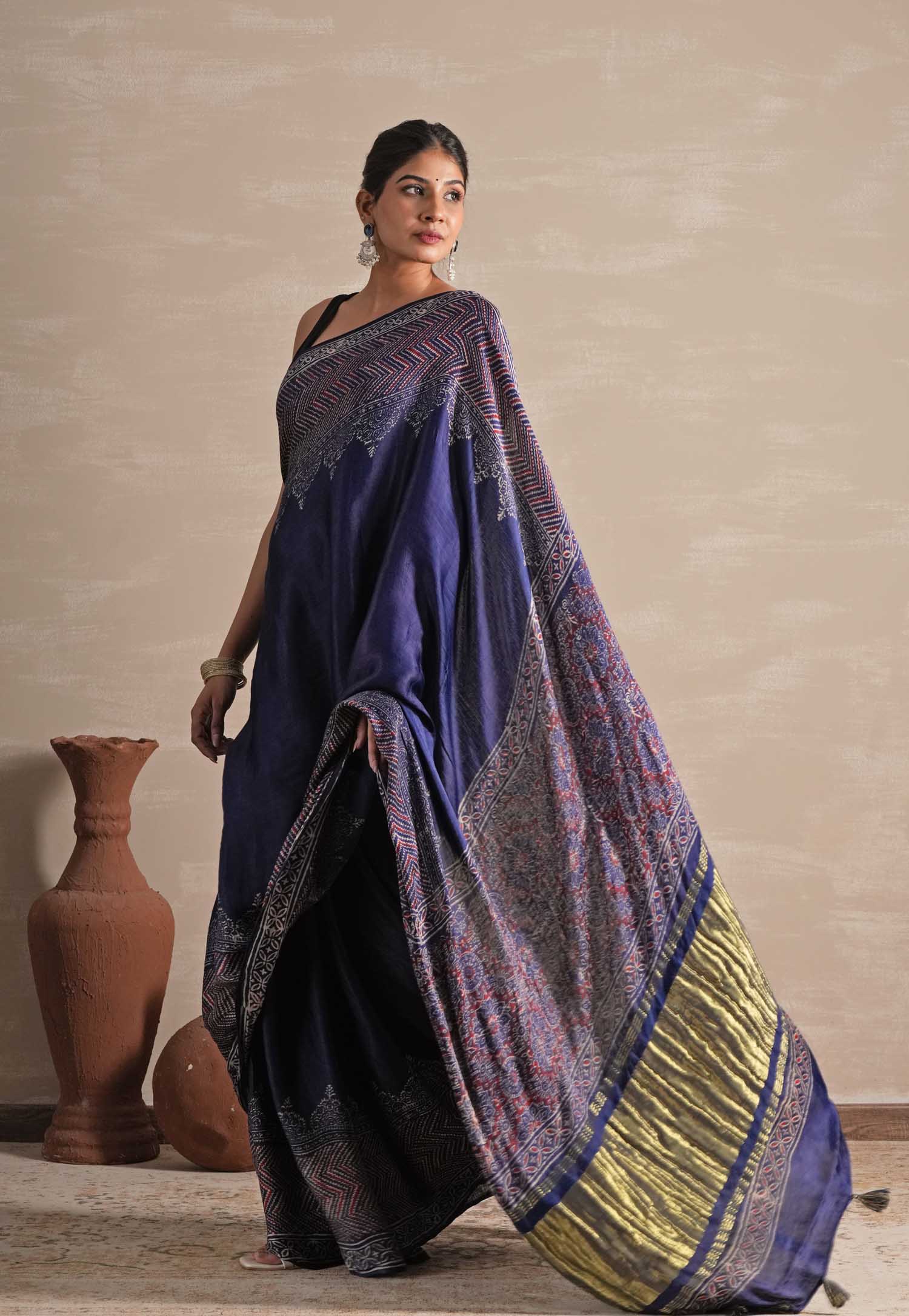 Midnight Serenade Hand Block Printed Modal Tissue Saree - SootiSyahi