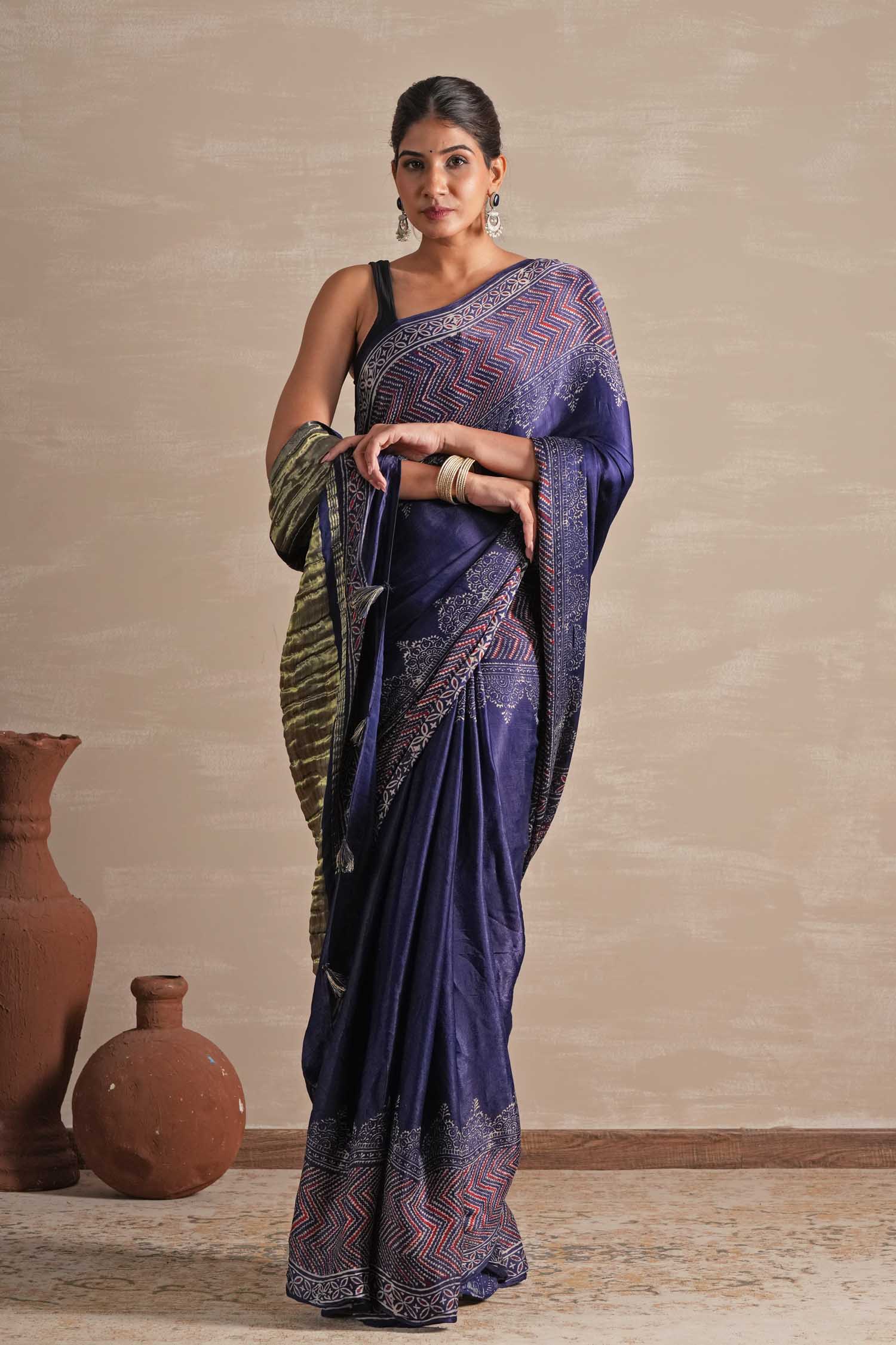 Midnight Serenade Hand Block Printed Modal Tissue Saree - SootiSyahi