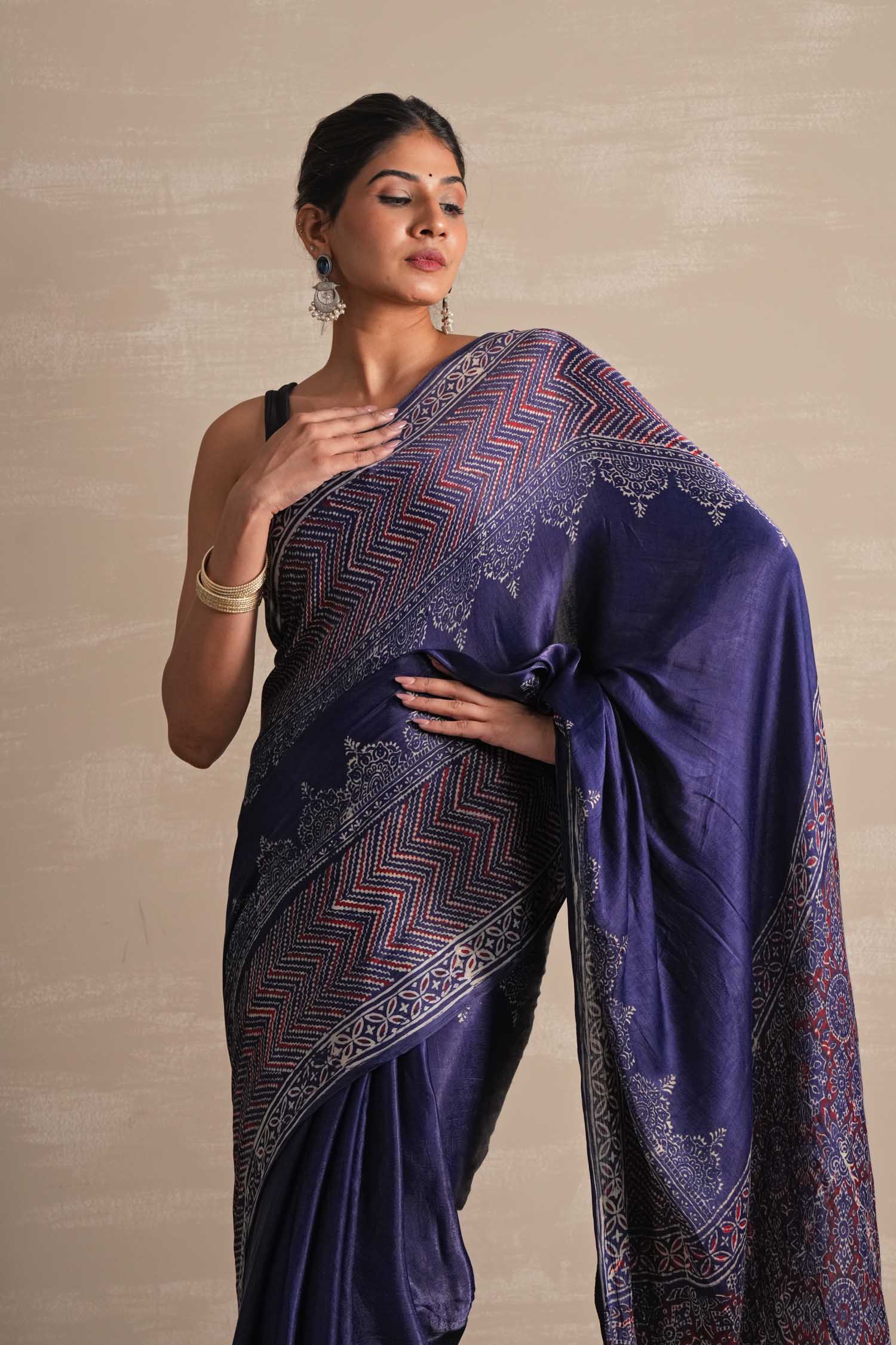 Midnight Serenade Hand Block Printed Modal Tissue Saree - SootiSyahi