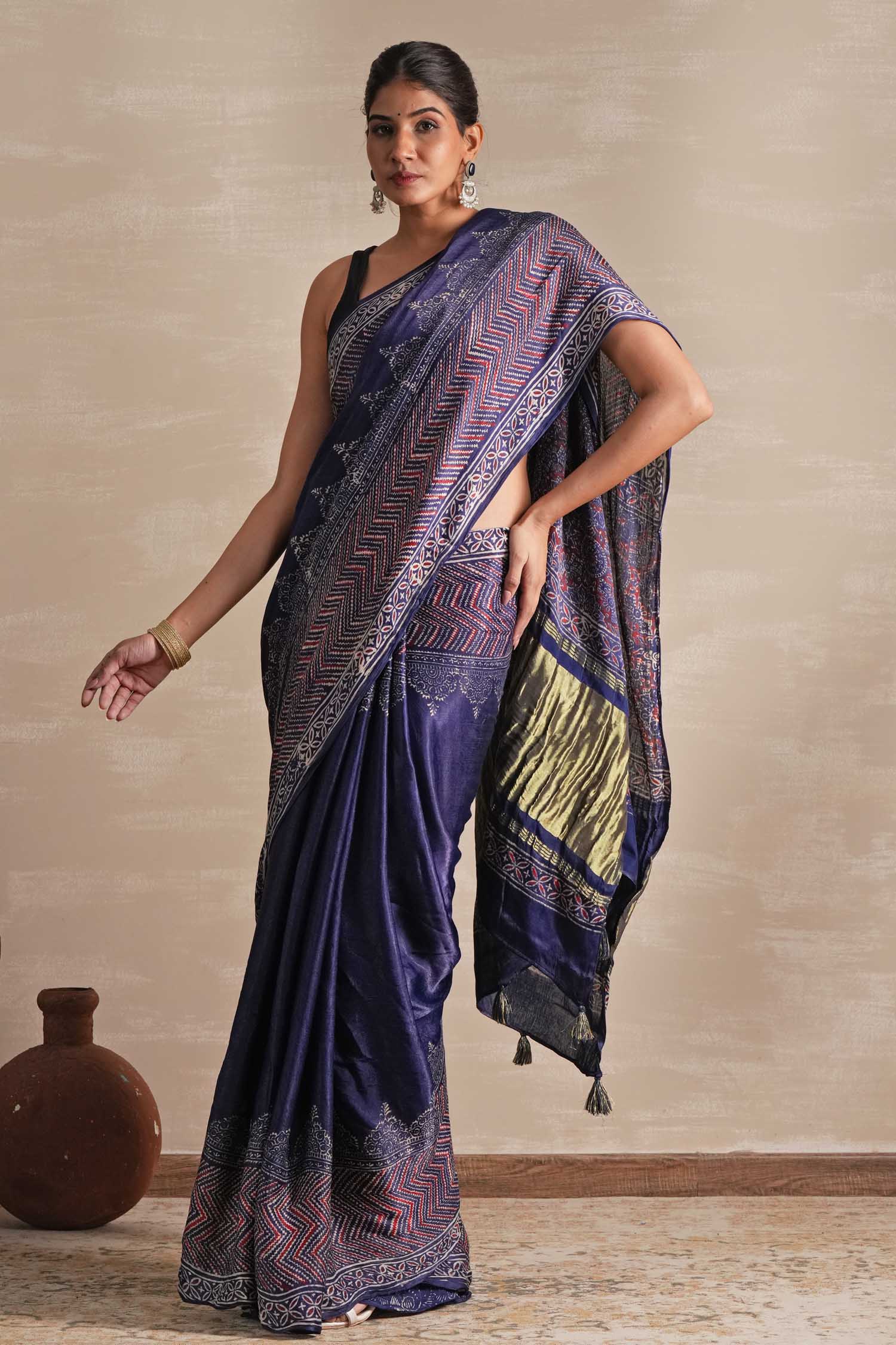 Midnight Serenade Hand Block Printed Modal Tissue Saree - SootiSyahi