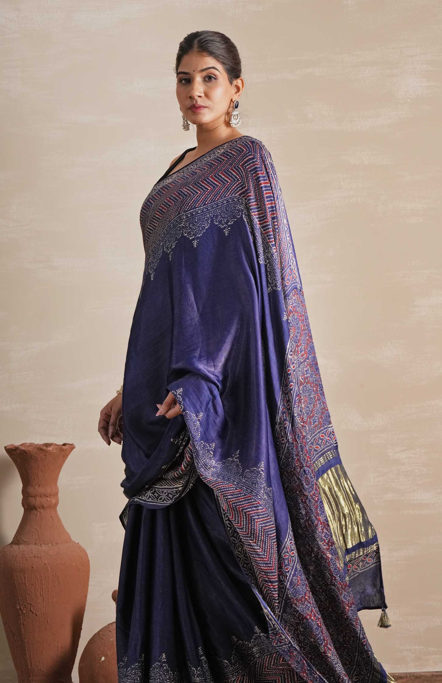 Midnight Serenade Hand Block Printed Modal Tissue Saree - SootiSyahi