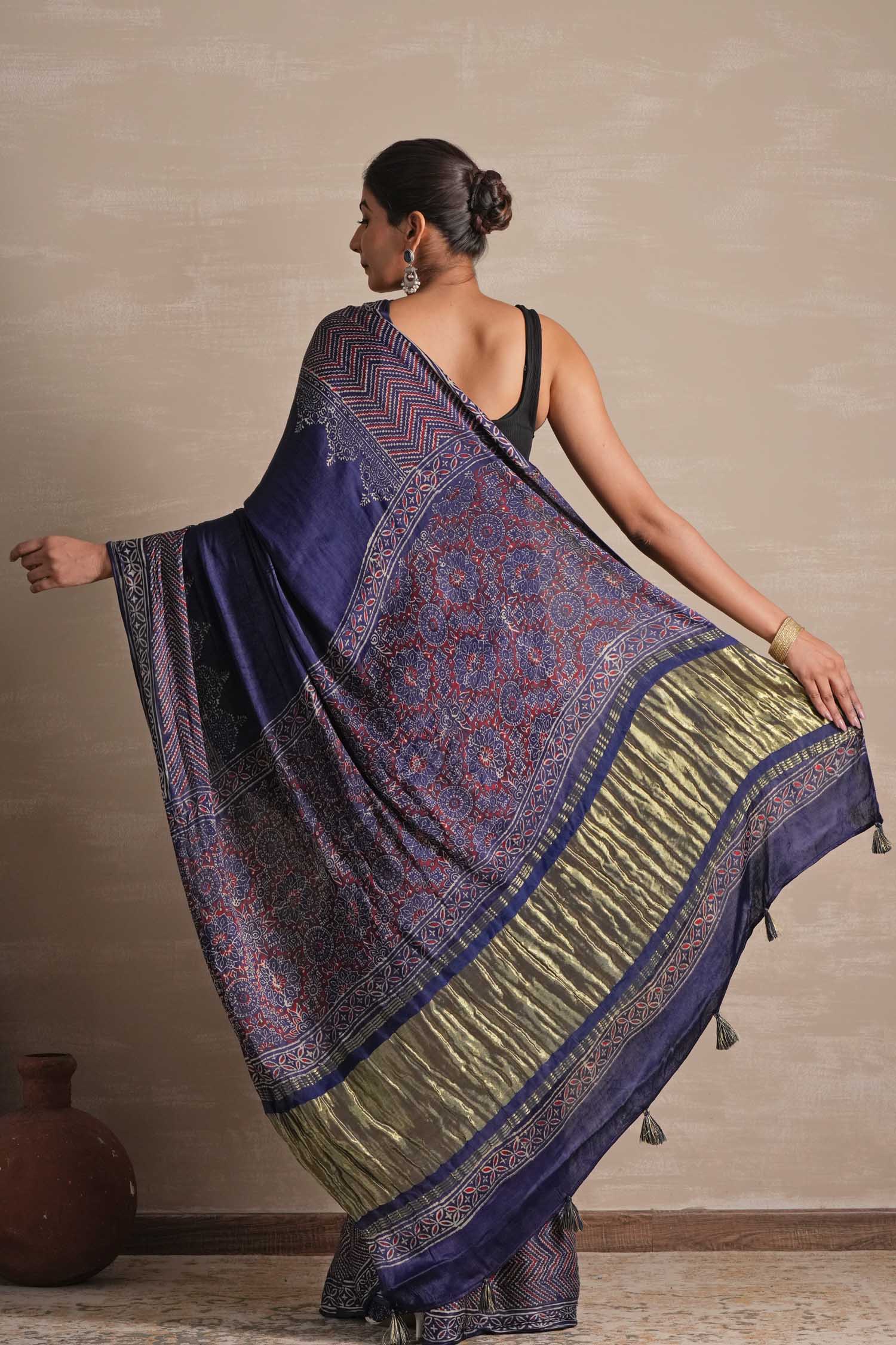 Midnight Serenade Hand Block Printed Modal Tissue Saree - SootiSyahi