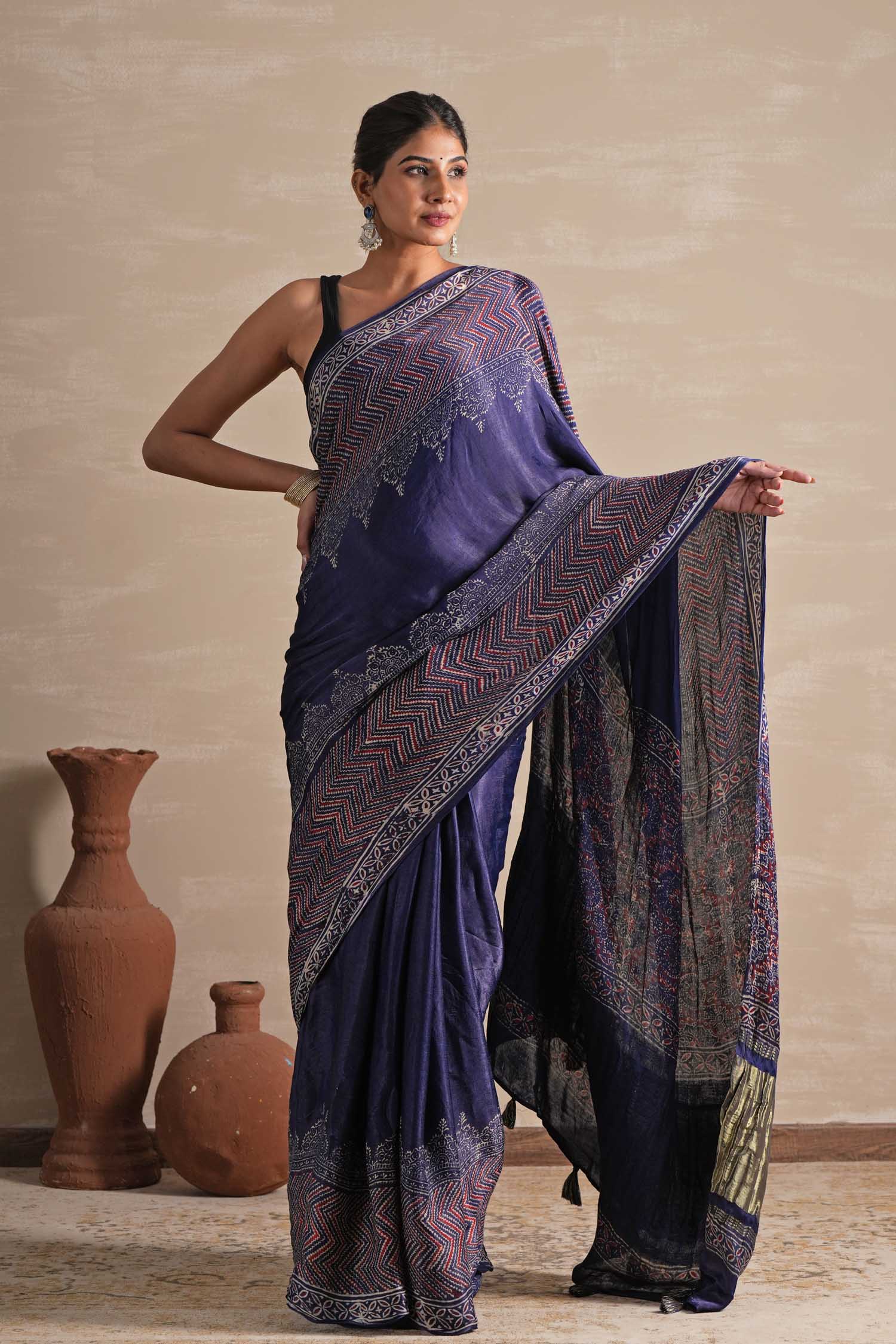 Midnight Serenade Hand Block Printed Modal Tissue Saree - SootiSyahi