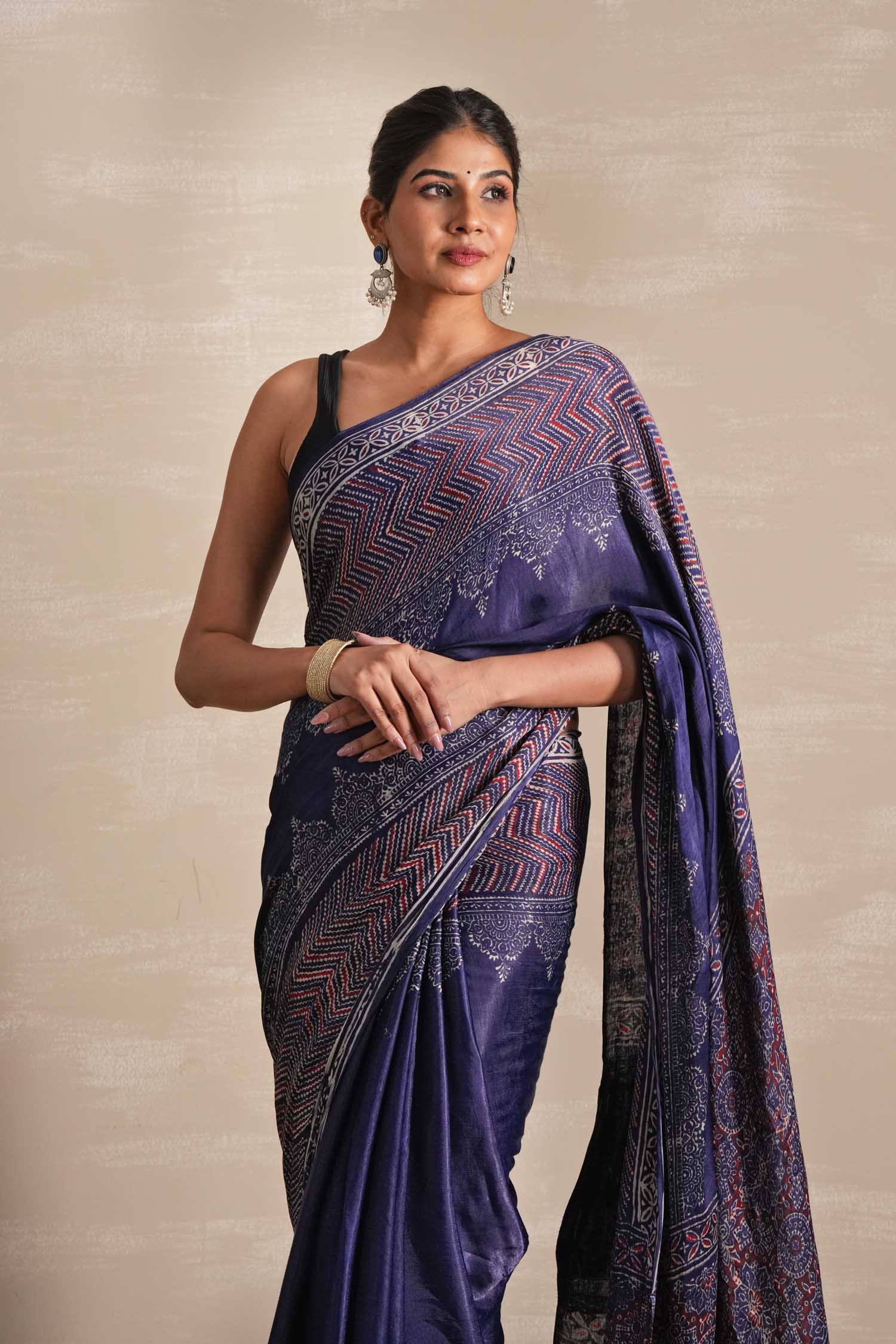 Midnight Serenade Hand Block Printed Modal Tissue Saree - SootiSyahi