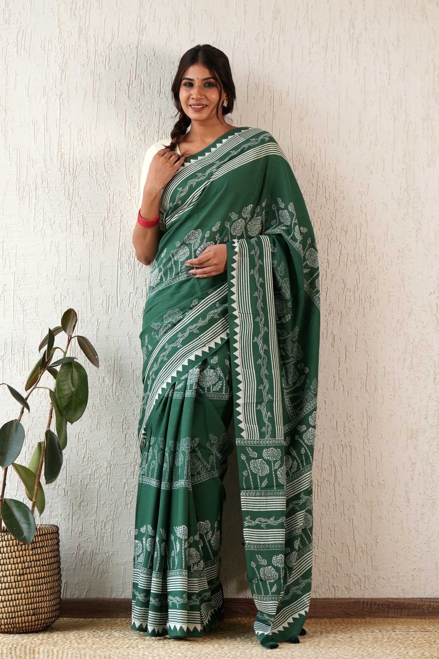 Moonlit Mirage - Hand Block Mul Cotton Saree - SootiSyahi