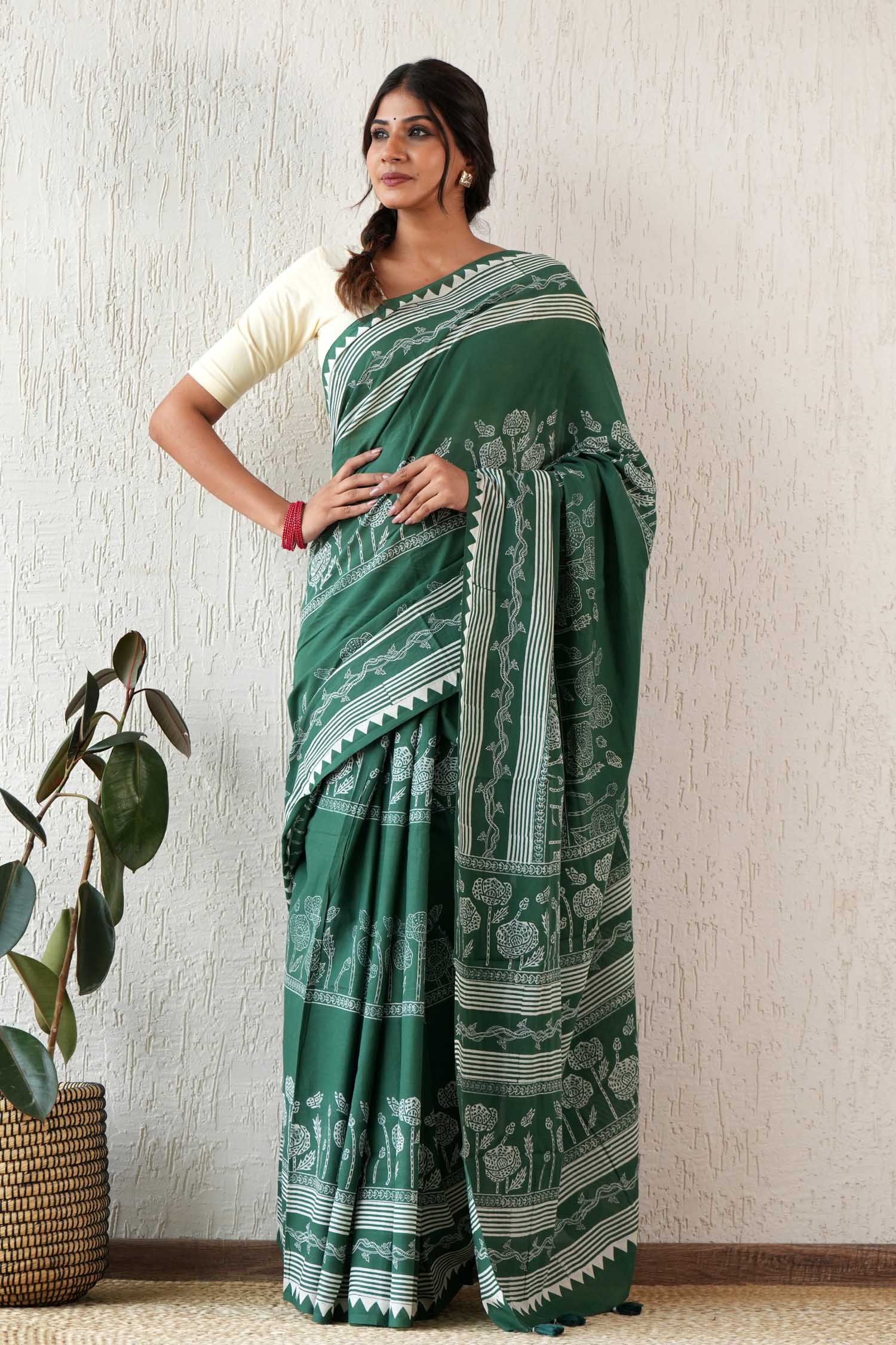 Moonlit Mirage - Hand Block Mul Cotton Saree - SootiSyahi