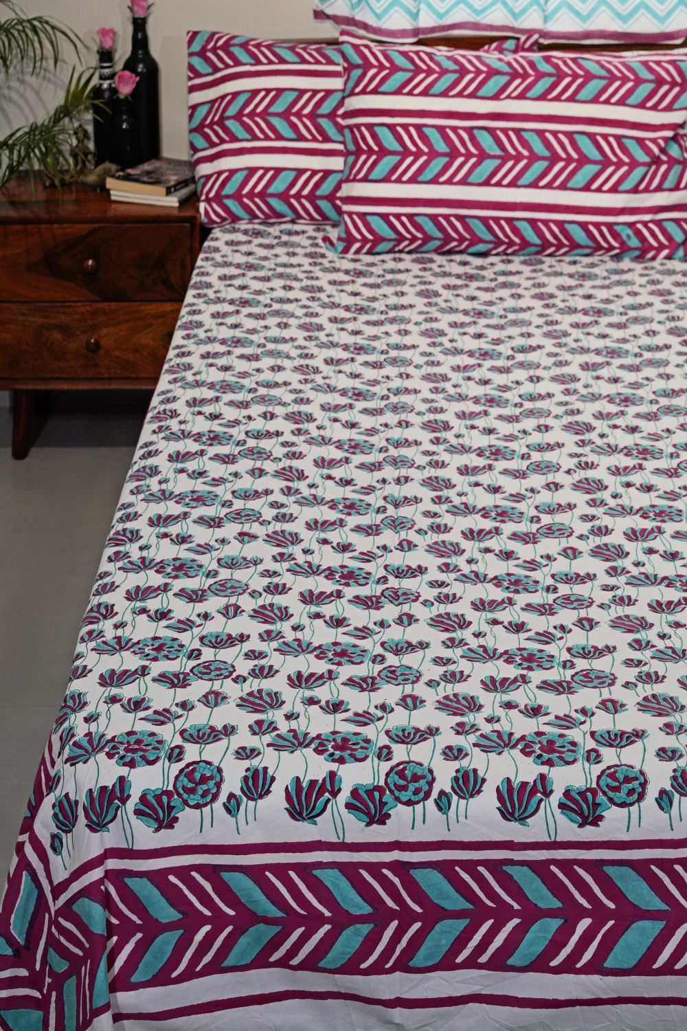 Floral Rhapsody Hand Block Printed Cotton Percale Bedsheet