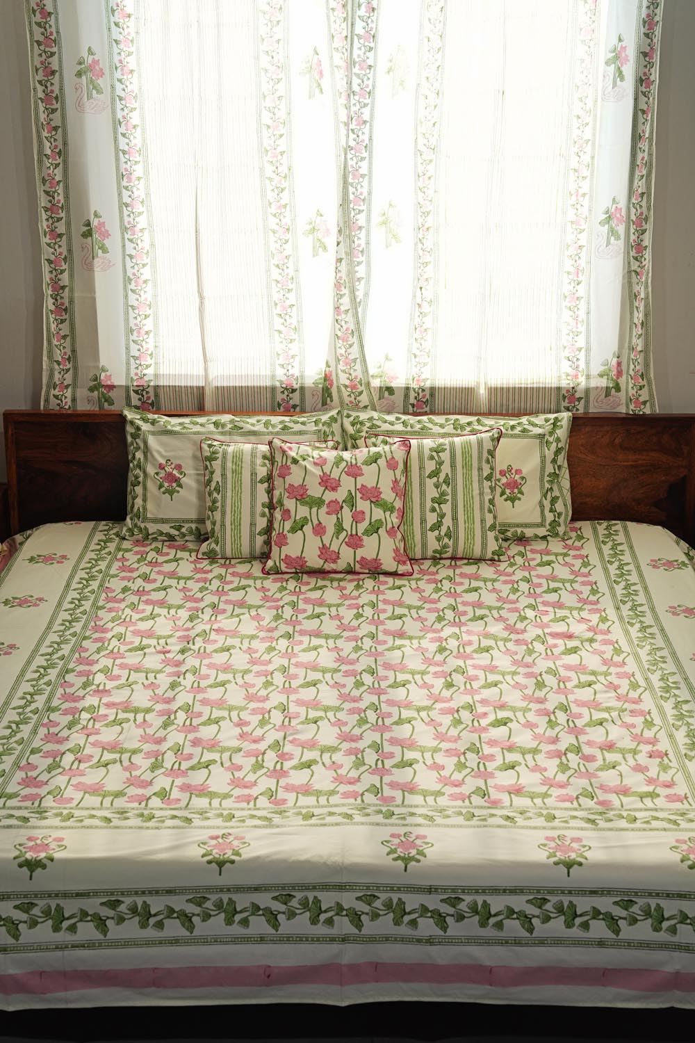 Serene Lotus Garden Hand Block Printed Cotton Percale Bedsheet