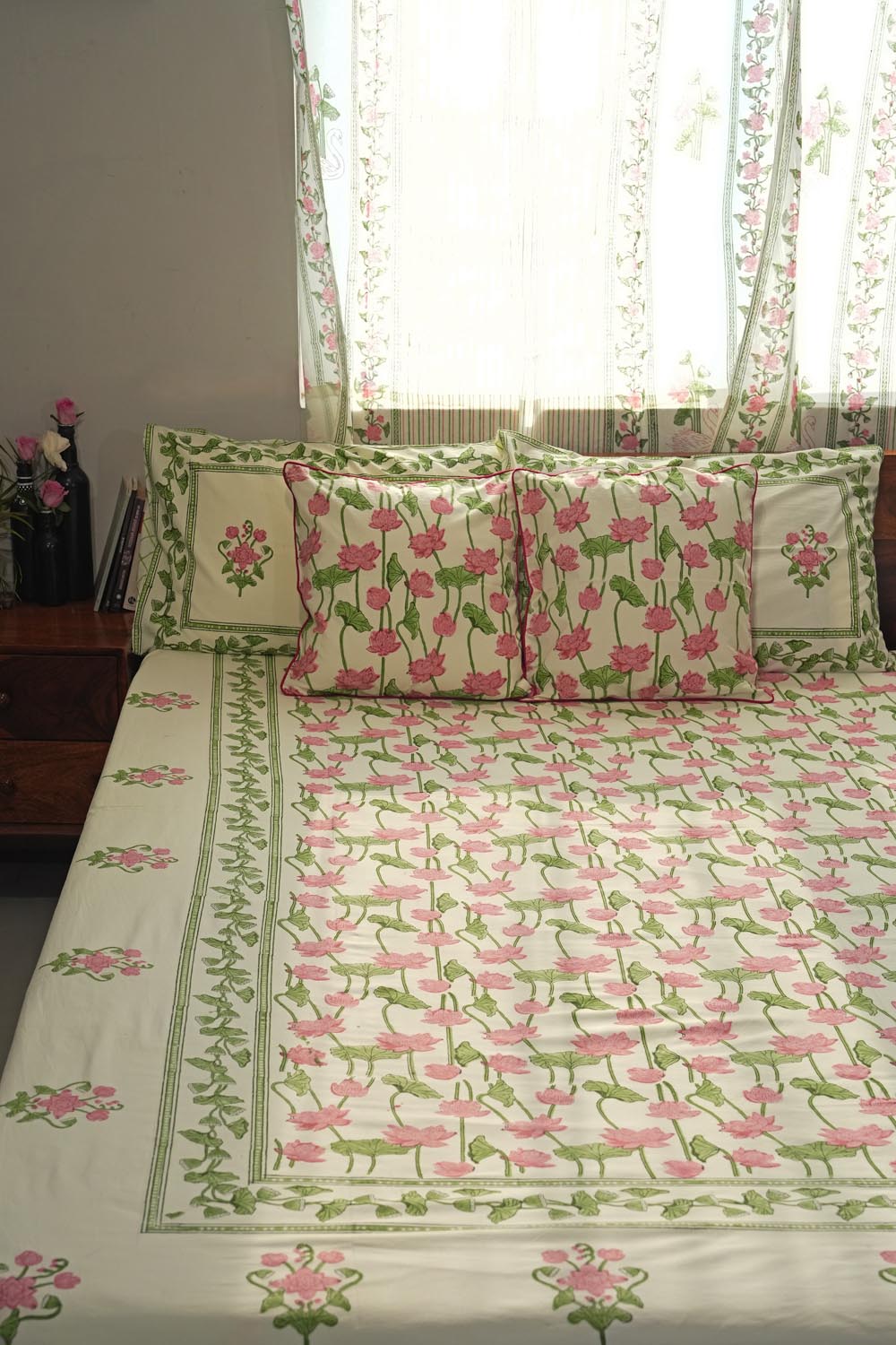 Serene Lotus Garden Hand Block Printed Cotton Percale Bedsheet