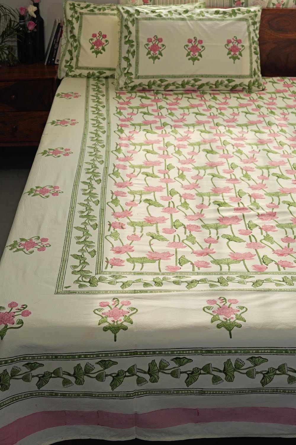 Serene Lotus Garden Hand Block Printed Cotton Percale Bedsheet