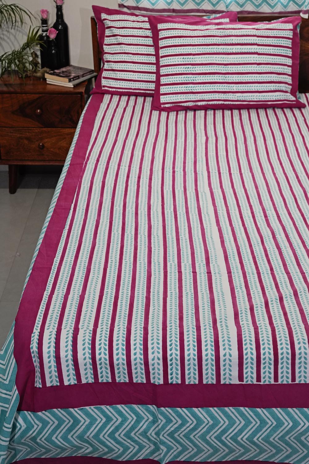 Serene Stripes Hand Block Printed Cotton Percale Bedsheet