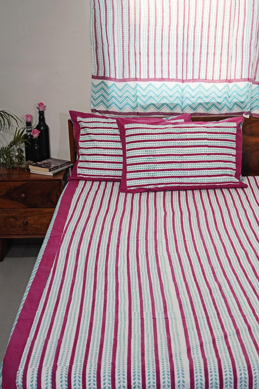 Serene Stripes Hand Block Printed Cotton Percale Bedsheet