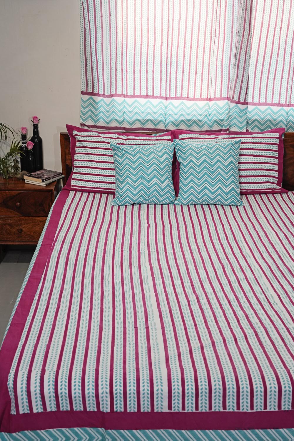 Serene Stripes Hand Block Printed Cotton Percale Bedsheet