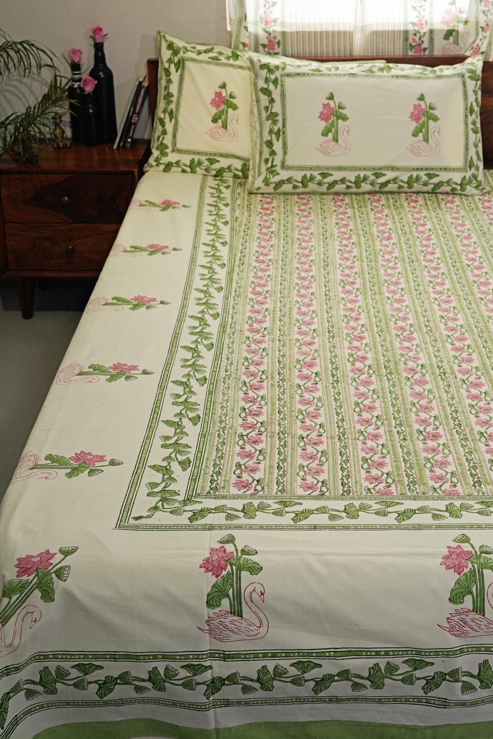 Serene Swan Song Hand Block Printed Cotton Percale Bedsheet