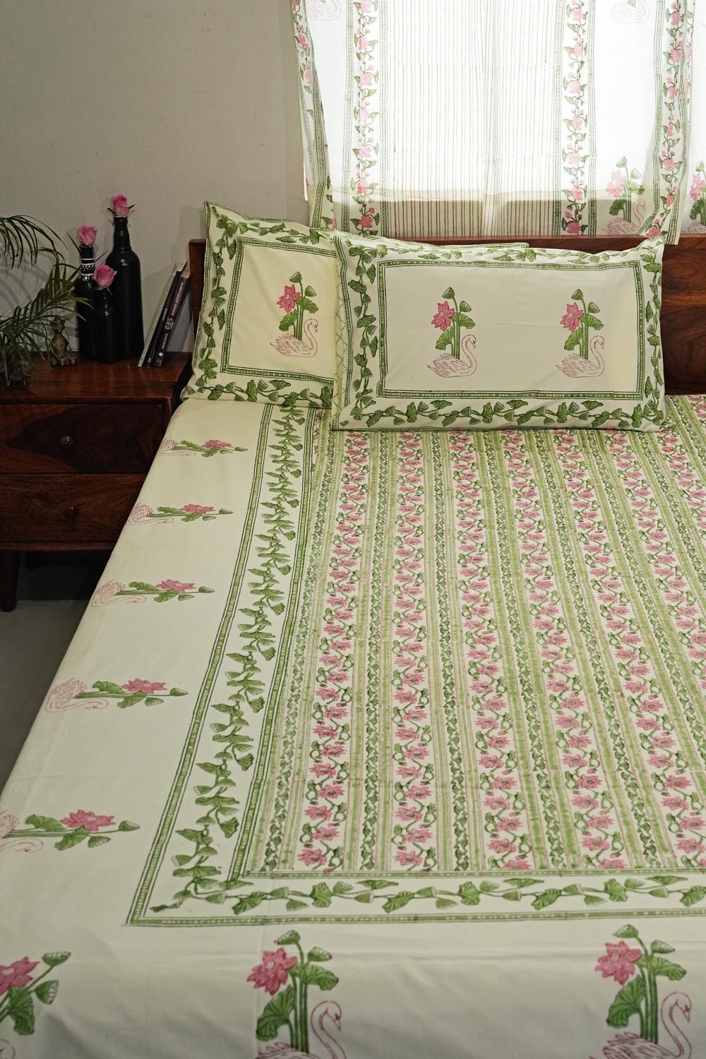 Serene Swan Song Hand Block Printed Cotton Percale Bedsheet