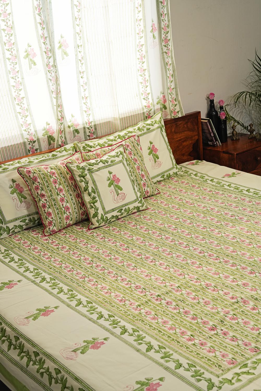 Serene Swan Song Hand Block Printed Cotton Percale Bedsheet