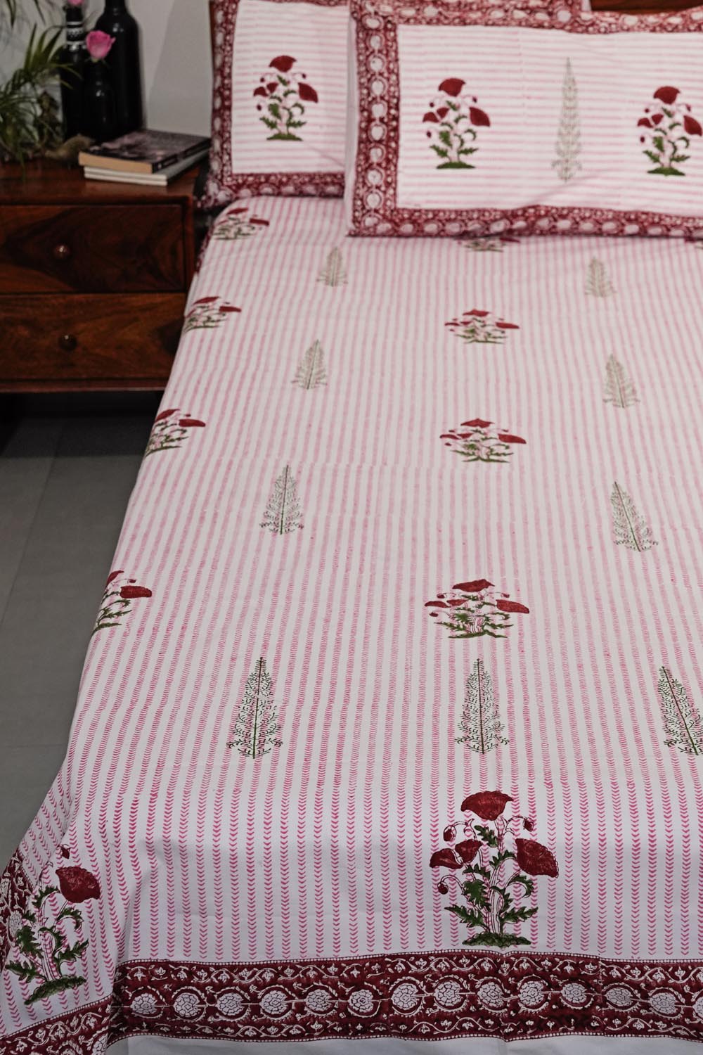 Crimson Poppy Hand Block Printed Cotton Percale Bedsheet