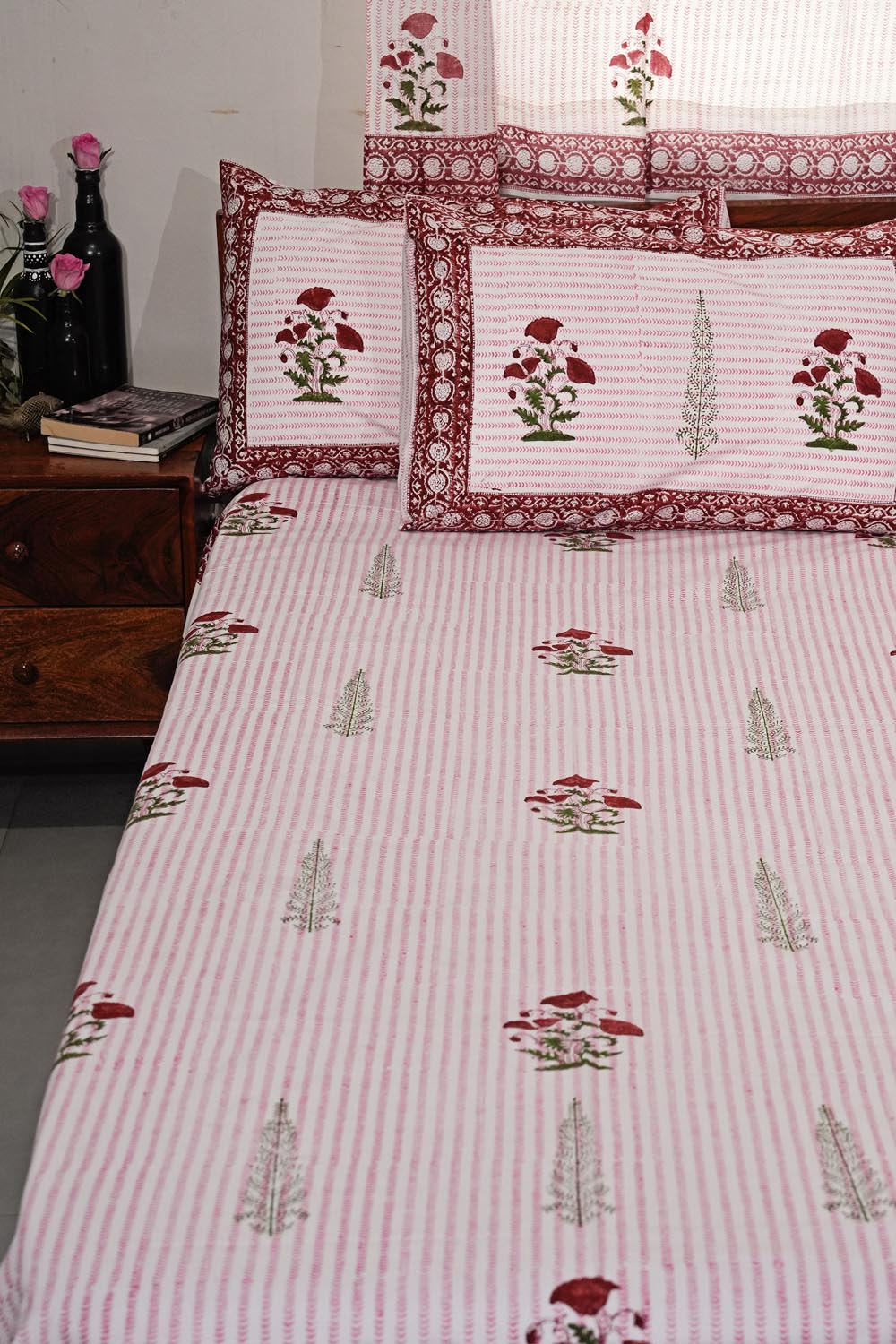 Crimson Poppy Hand Block Printed Cotton Percale Bedsheet