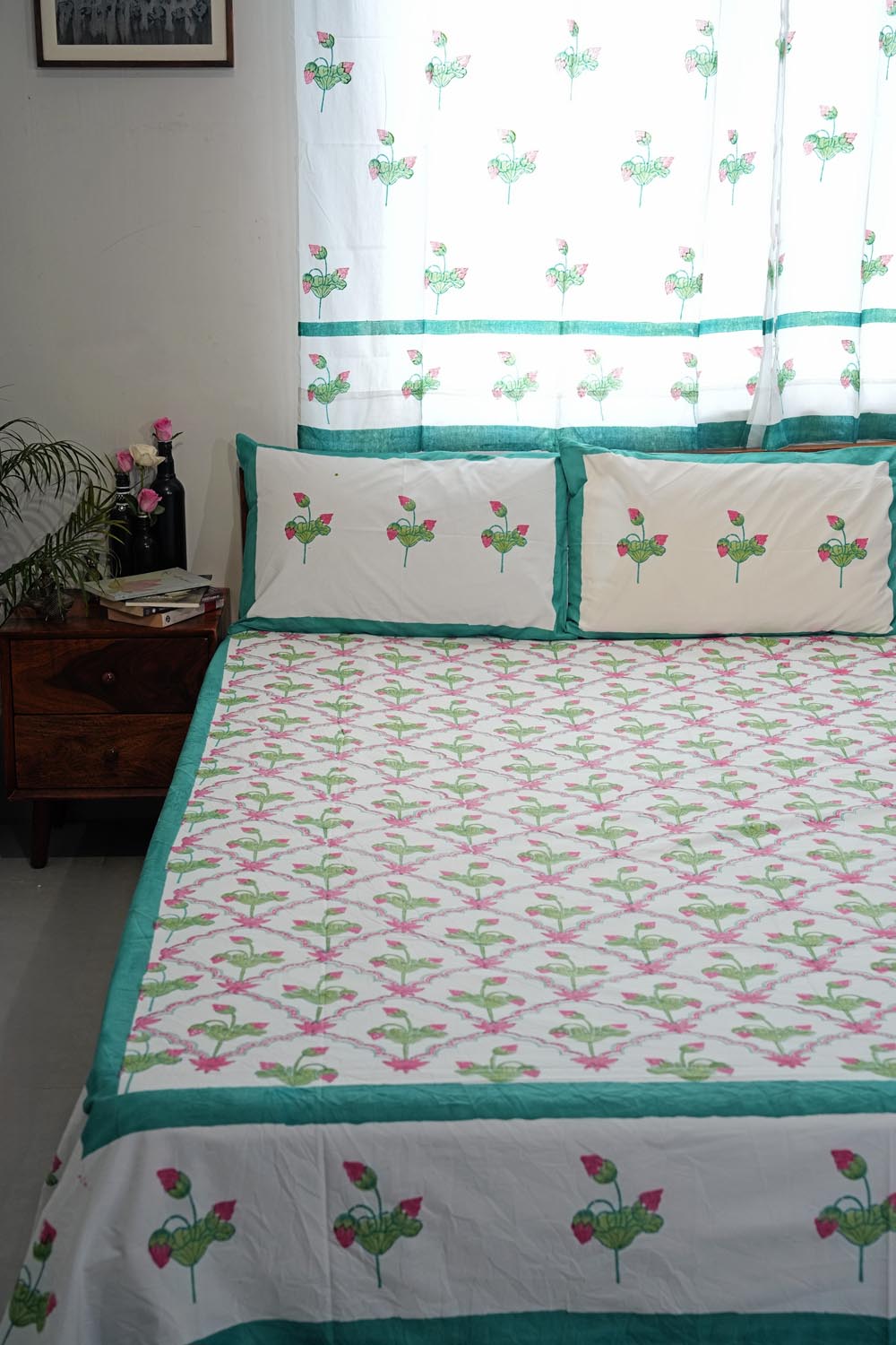 Lotus Dreams Hand Block Printed Cotton Percale Bedsheet