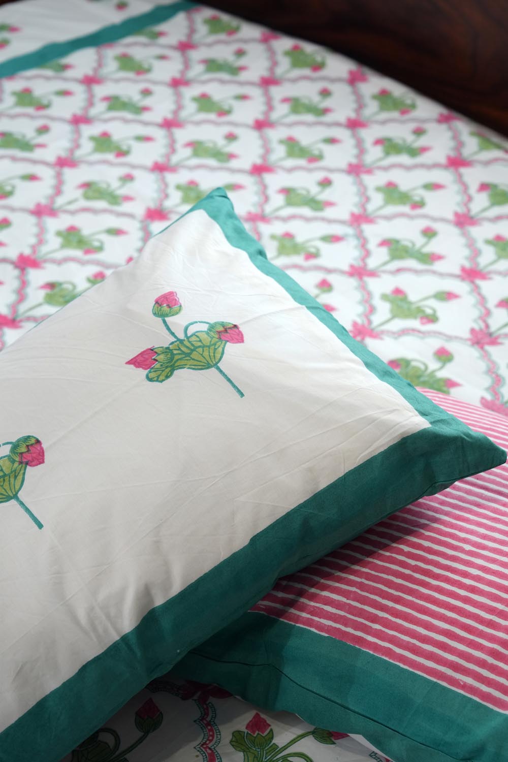 Lotus Dreams Hand Block Printed Cotton Percale Bedsheet