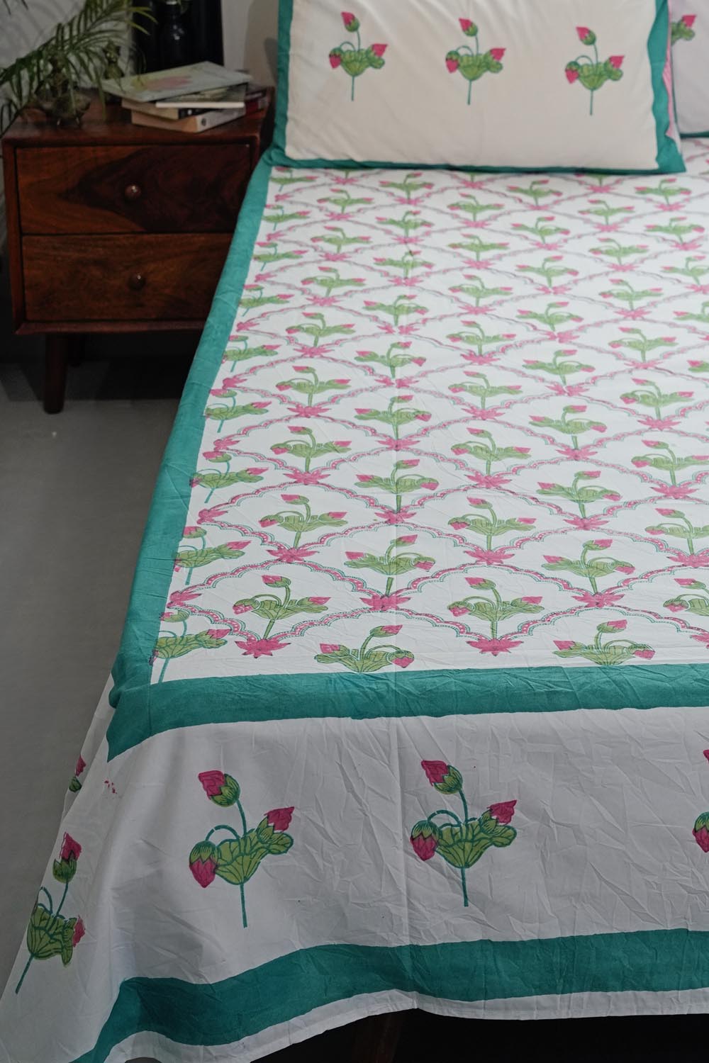 Lotus Dreams Hand Block Printed Cotton Percale Bedsheet