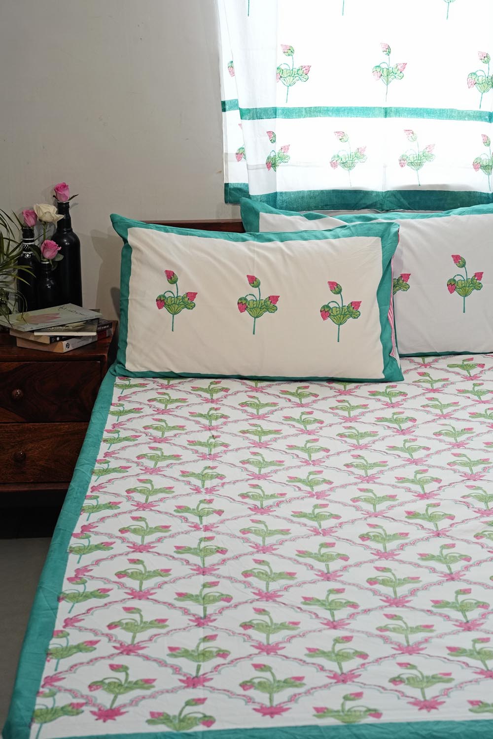 Lotus Dreams Hand Block Printed Cotton Percale Bedsheet