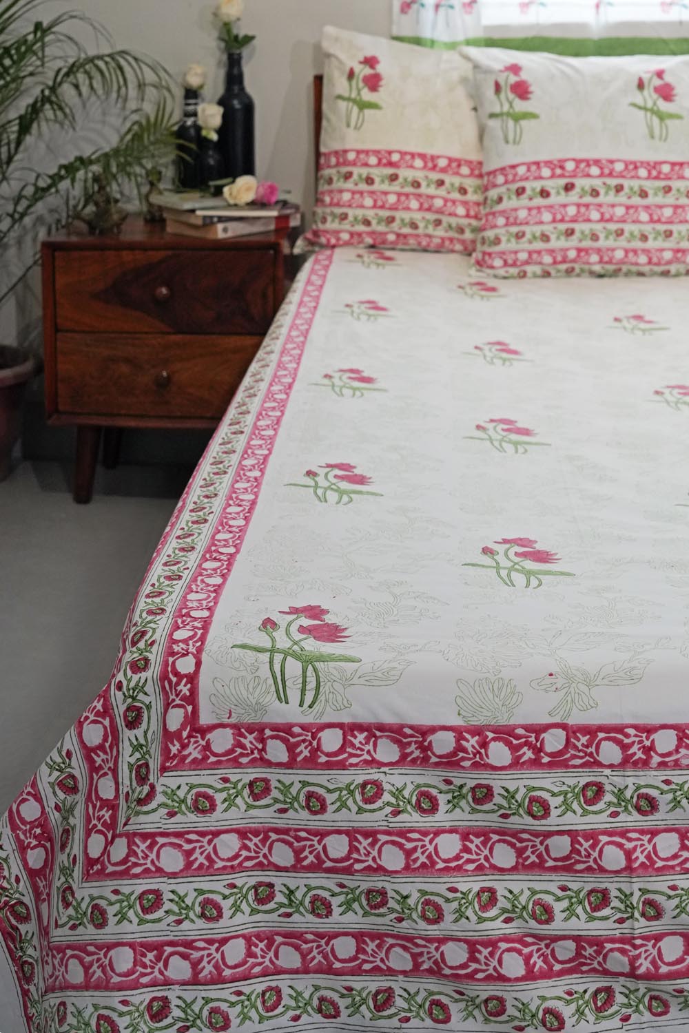 Rosy Meadow Hand Block Printed Cotton Percale Bedsheet