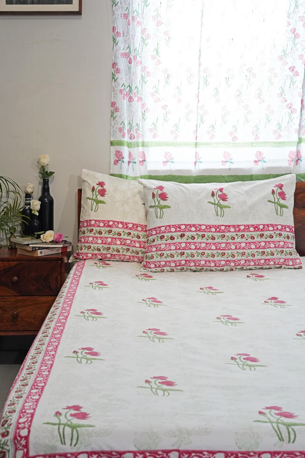 Rosy Meadow Hand Block Printed Cotton Percale Bedsheet