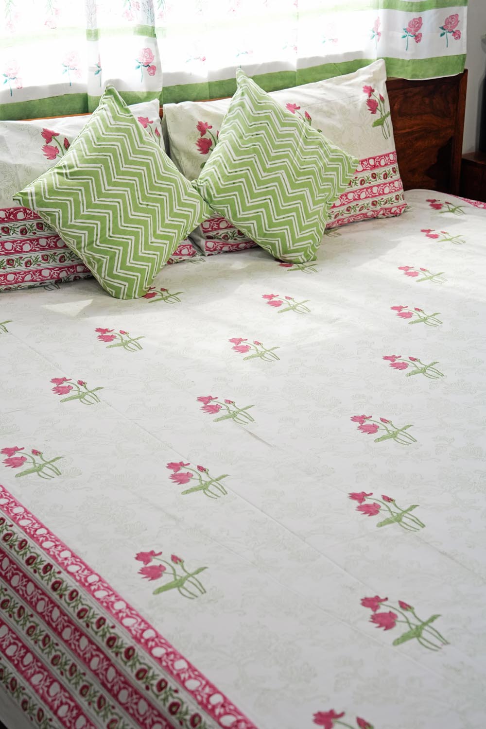 Rosy Meadow Hand Block Printed Cotton Percale Bedsheet