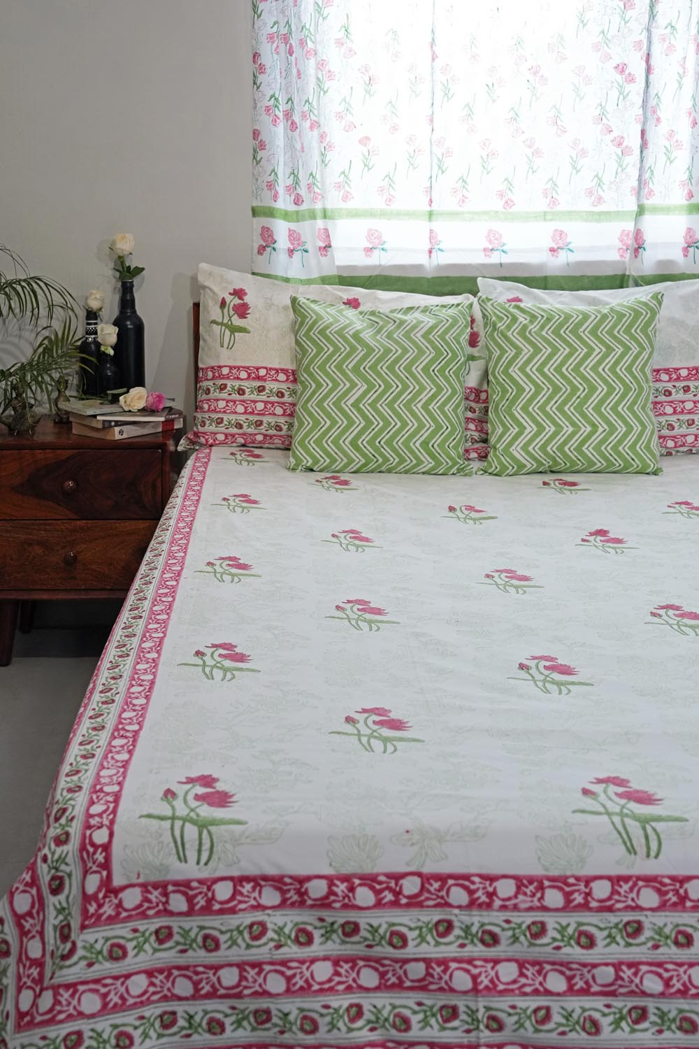 Rosy Meadow Hand Block Printed Cotton Percale Bedsheet