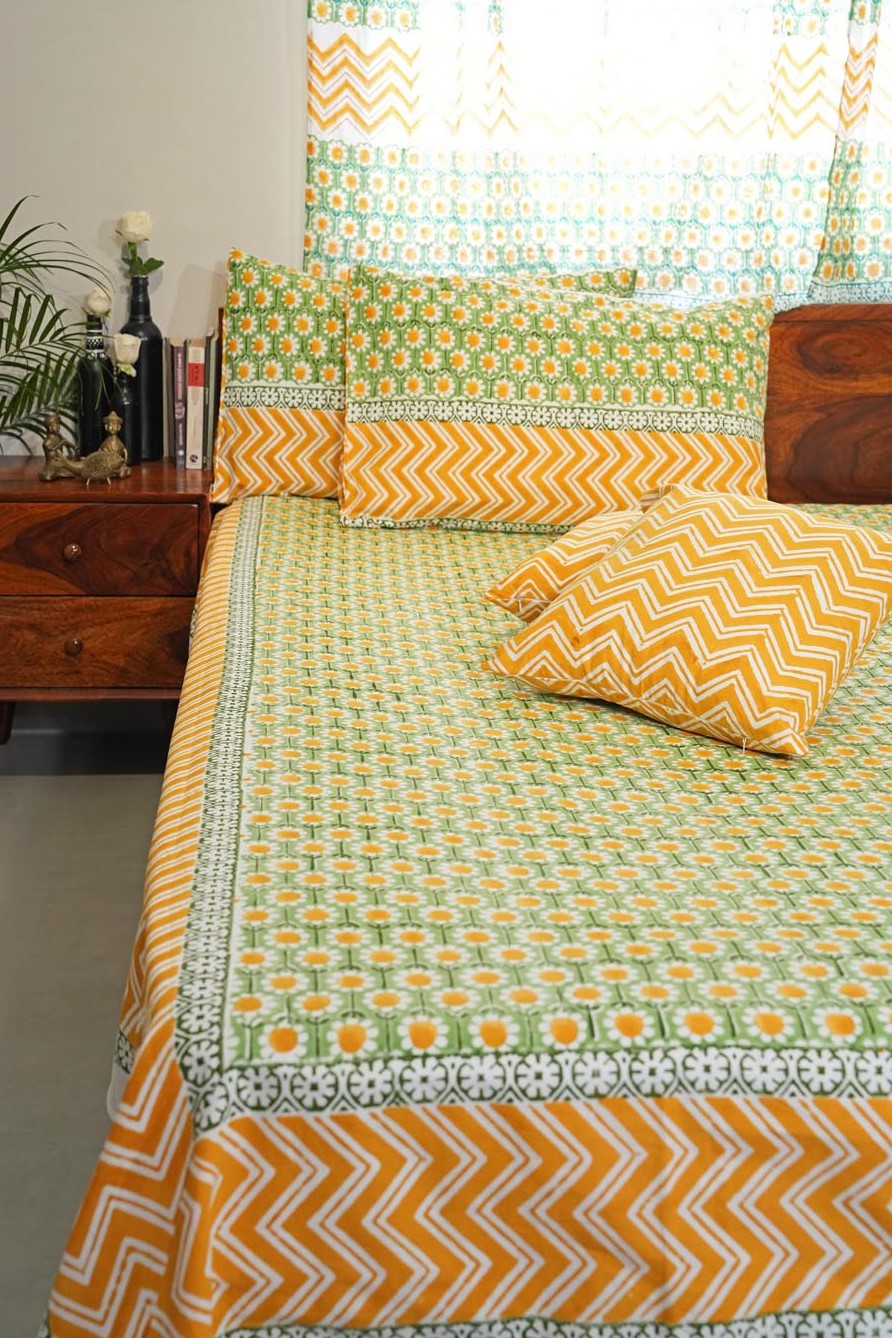 Sunlit Haven Hand Block Printed Cotton Percale Bedsheet