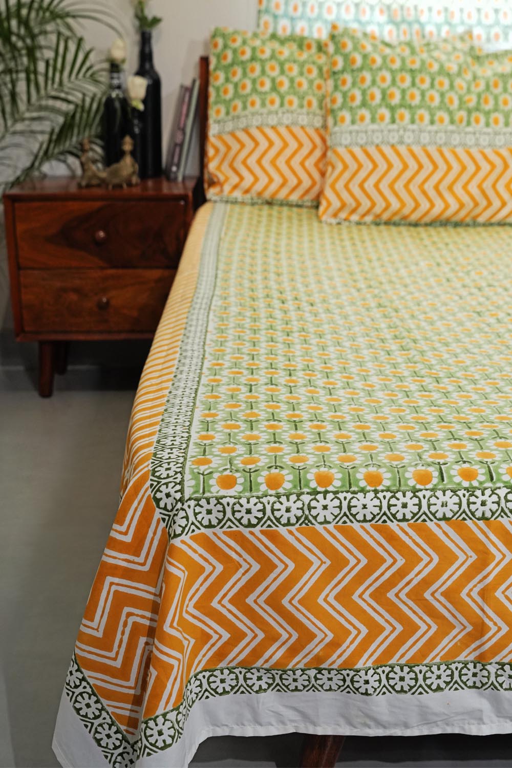 Sunlit Haven Hand Block Printed Cotton Percale Bedsheet