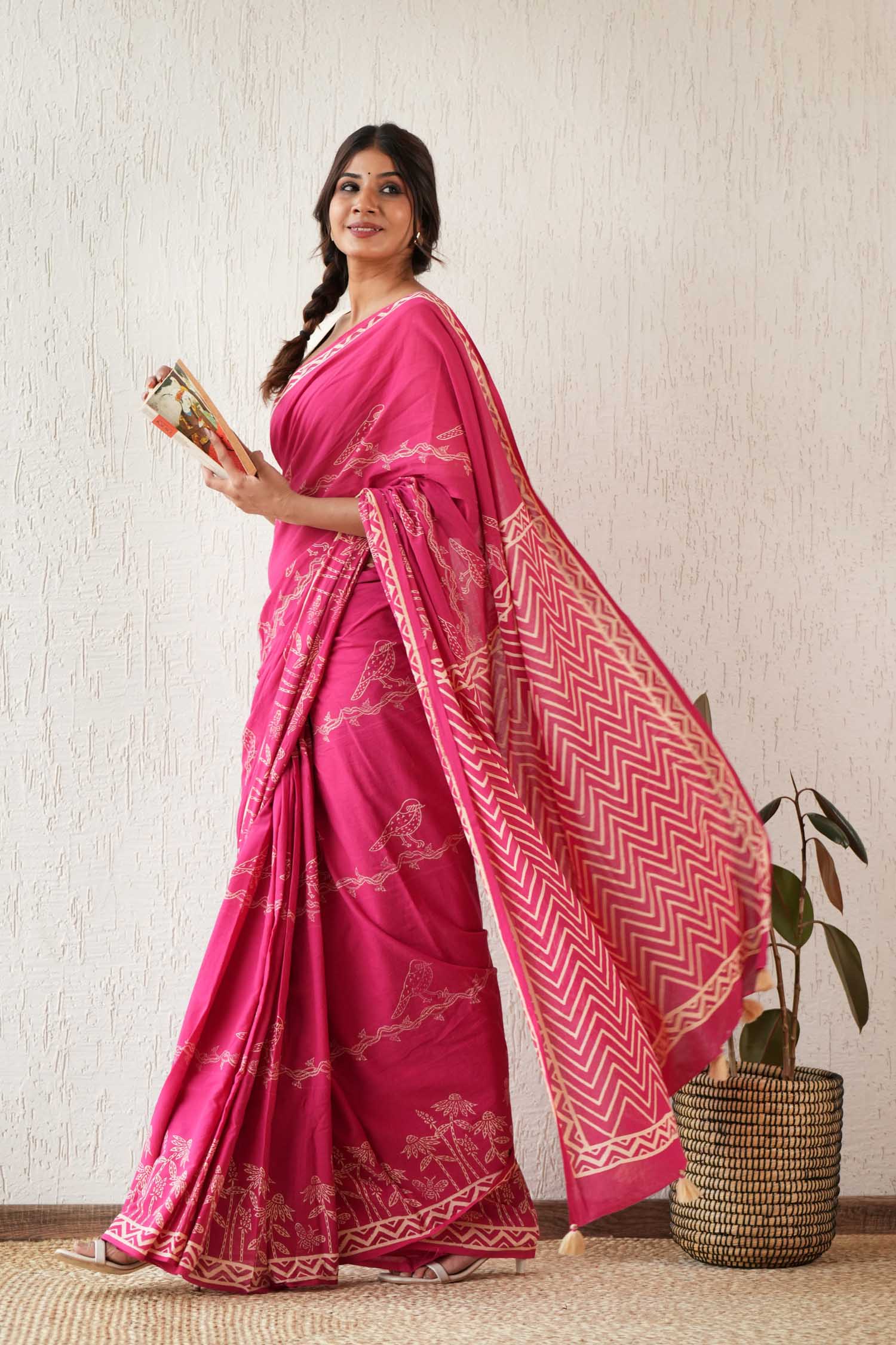 Twilight Harmony - Hand Block Mul Cotton Saree - SootiSyahi