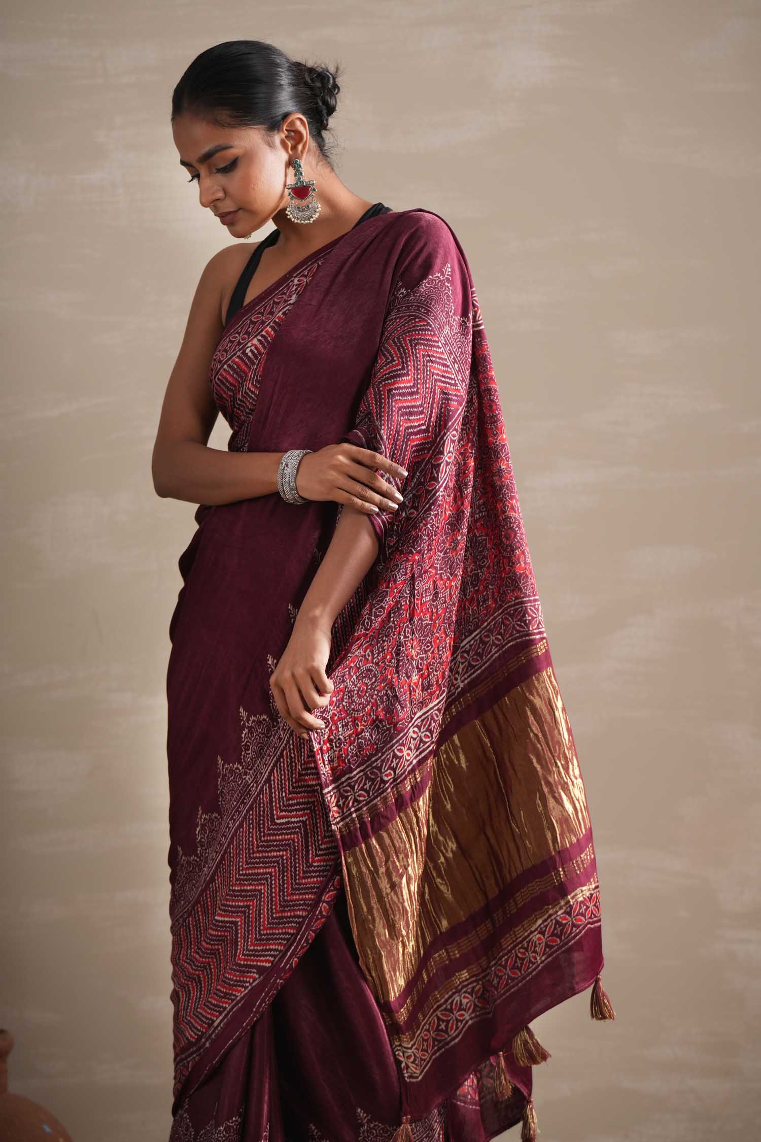 Vermilion Veil Hand Block Printed Modal Tissue Saree - SootiSyahi