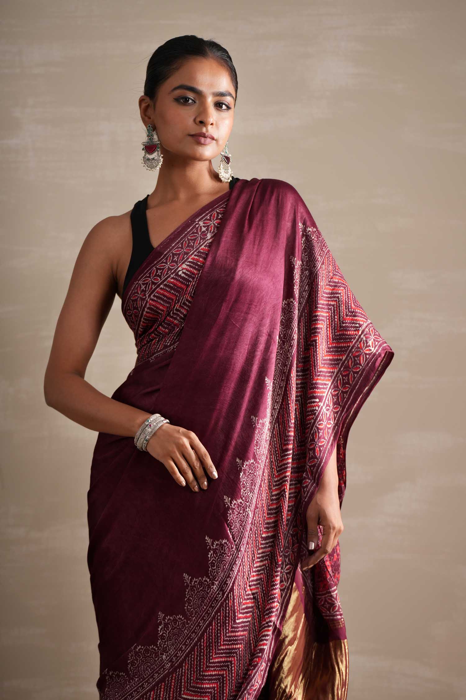 Vermilion Veil Hand Block Printed Modal Tissue Saree - SootiSyahi