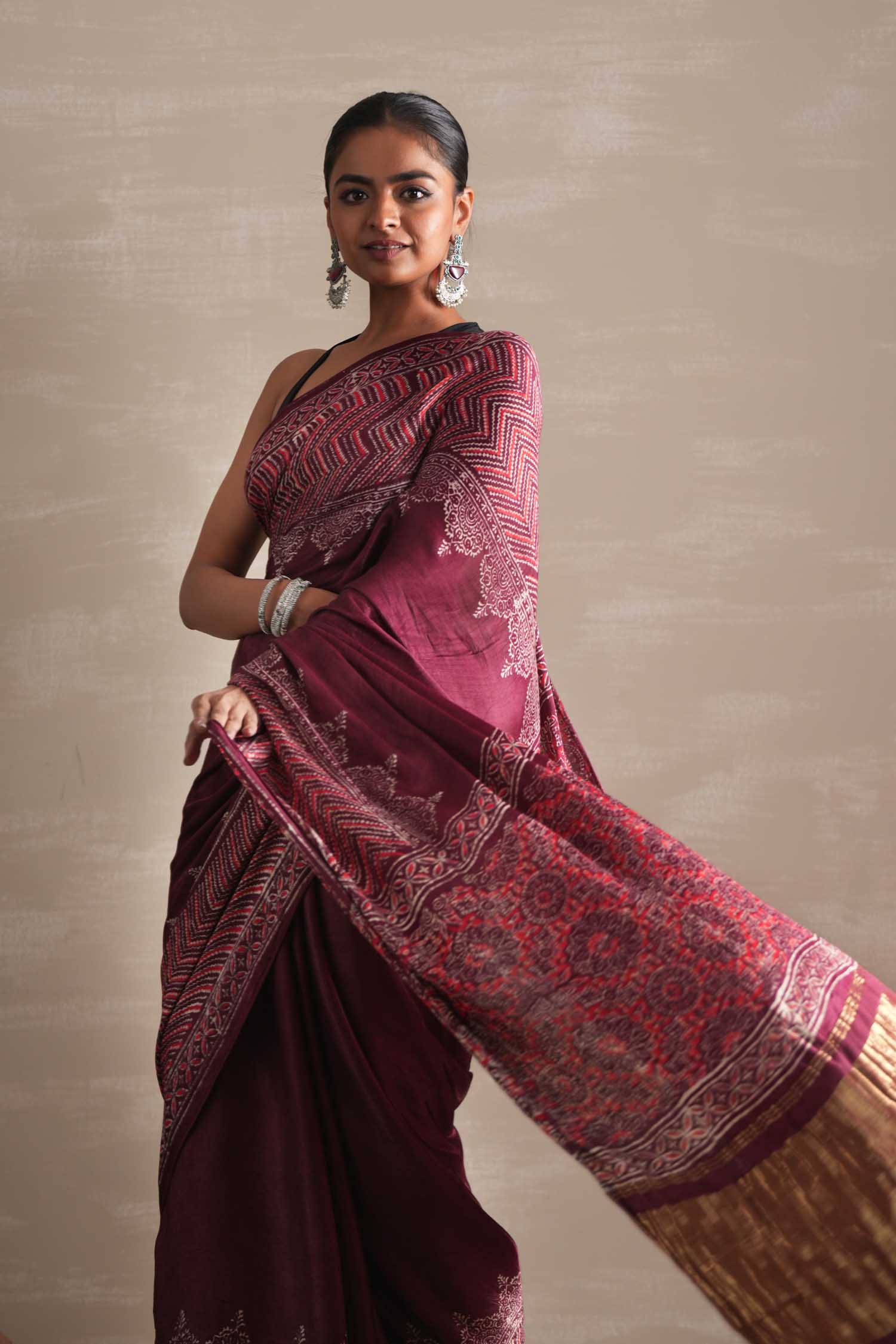 Vermilion Veil Hand Block Printed Modal Tissue Saree - SootiSyahi