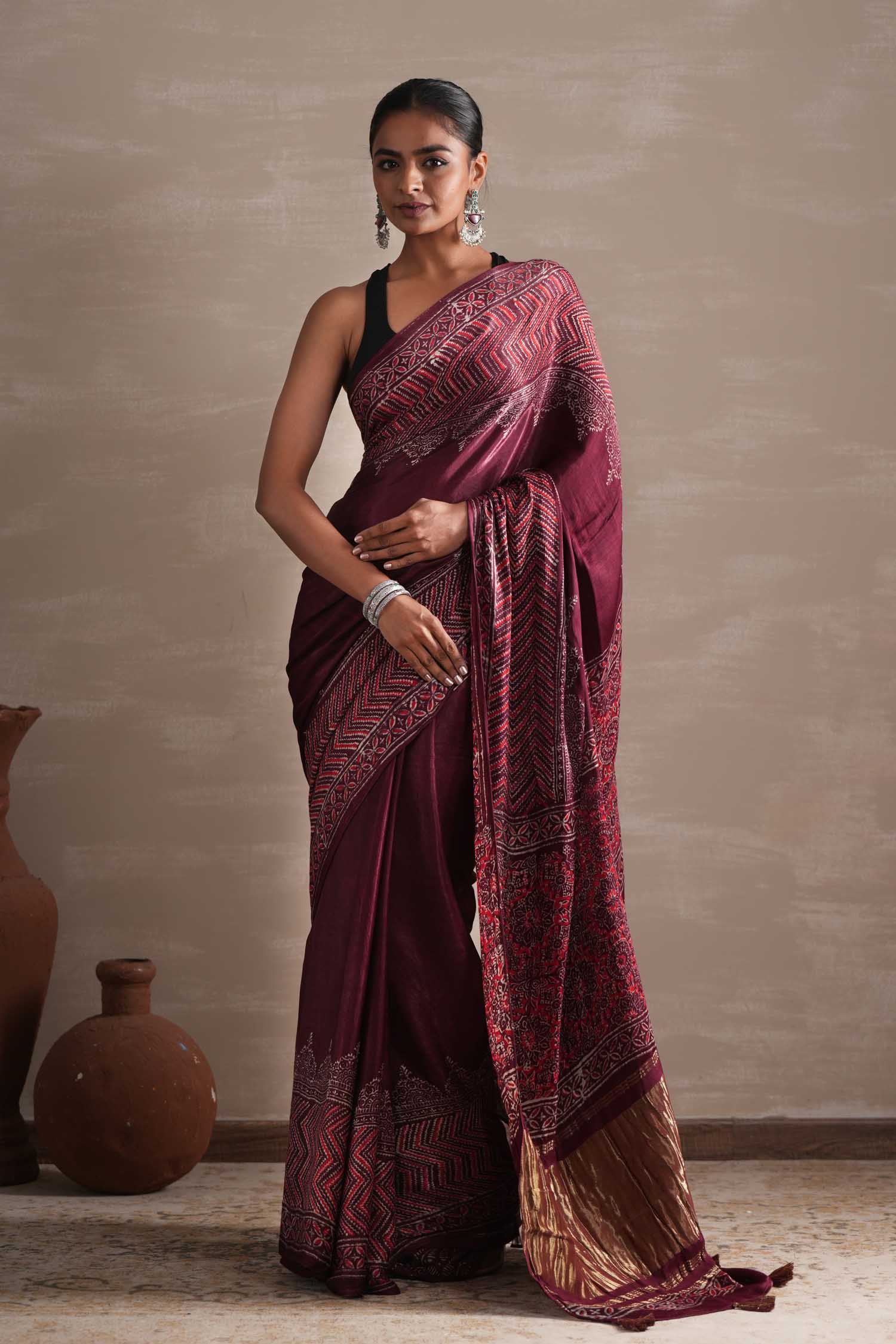 Vermilion Veil Hand Block Printed Modal Tissue Saree - SootiSyahi